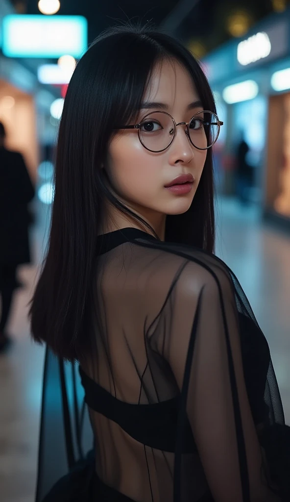 masterpiece:1.3、( Photo  realistic  :1.4),  realistic  detailed ,  textured skin、high resolution,bokeh, detail、(Masterpiece:1.3), Verism、(8k,    realistic ,   RAW photo,   best image quality: 1.4), ( Hairstyles Are Random :1.2)、( Highly detailed faces)、 double eyelid that bends both elbows、((whole body:1.6)), One woman、 beautiful woman:1. 4,2. woman、 slender perfect body  ,Chest-length hair  、Masterpiece,  best quality  ,ultra high resolution、five fingers、(   realistic :1.4) 、  symmetrical face  、 The face is very   realistic  、Photo level、8k 、 full best image quality、Sebaceous reflex、 The face is very   realistic  、hyper  realistic  skin 、   realistic  light and shadow effects、((  blue hour light  )),(( dim lighting,  Soft Writing)),(Pure and elegant),((  Moody Lighting)),(((  Beautiful Thighs))),((  knight :1.5)),((tunnel)),  gothic makeup  ,dark makeup,((  messy hair)),((  Hairstyles Are Random )),((Gray hair color))、((  graffiti art  )),(  blurry background),((gothic)),(  panties  ),((   pose))、(( showing cleavage 、A see-through cardigan、Round Glasses))、 shopping mall 、 Beautiful Thighs、 crouch