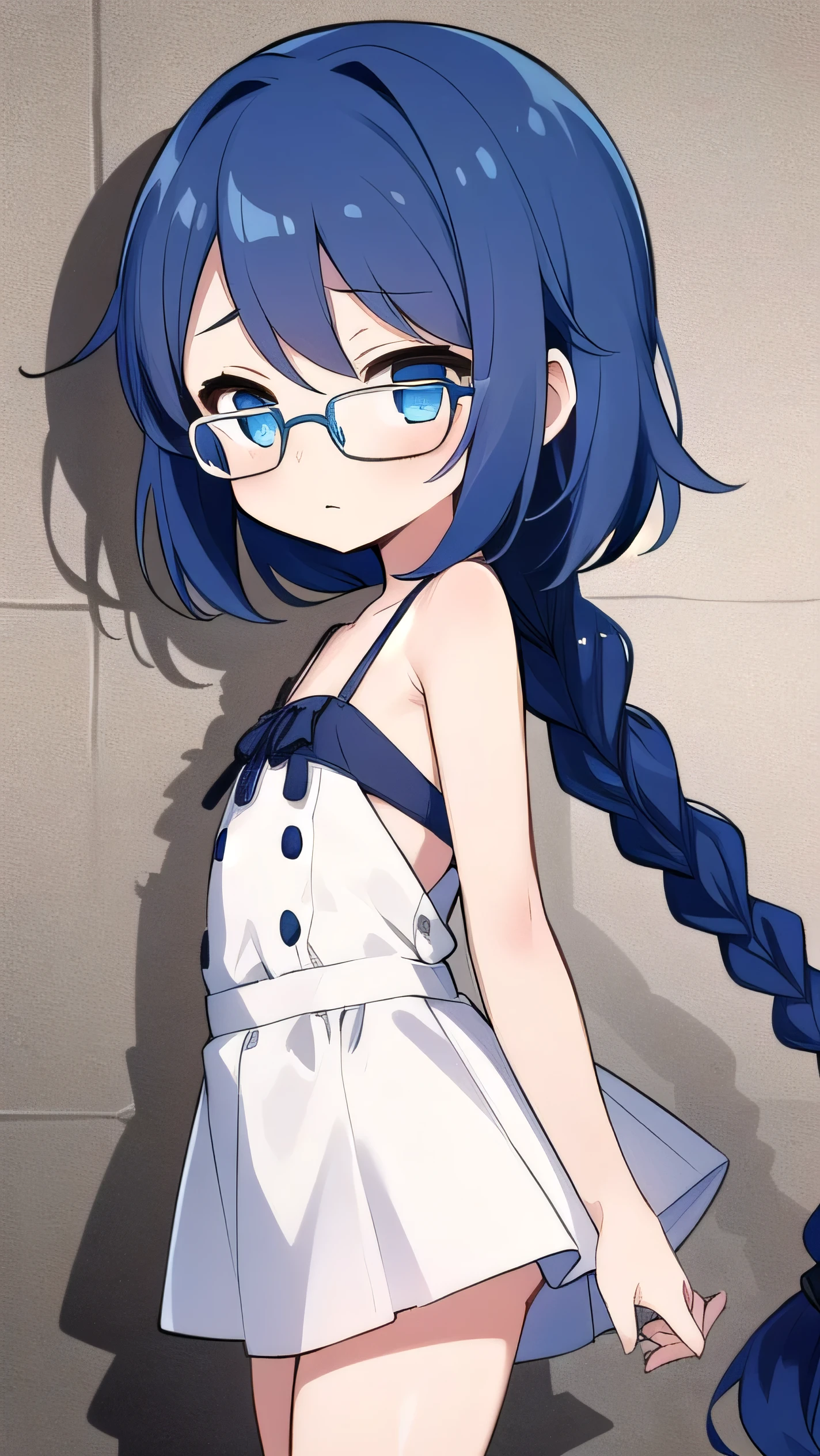 small breasted girl, short, elementary school student, blue hair, single braid, blue eyes, round eyes, shy, shy, , short, young face, short height, , glasses with no edges,bed,,bed, (bottomless:1.4),flat chest,(pussy are visible:1.1), ,Sheer Dress