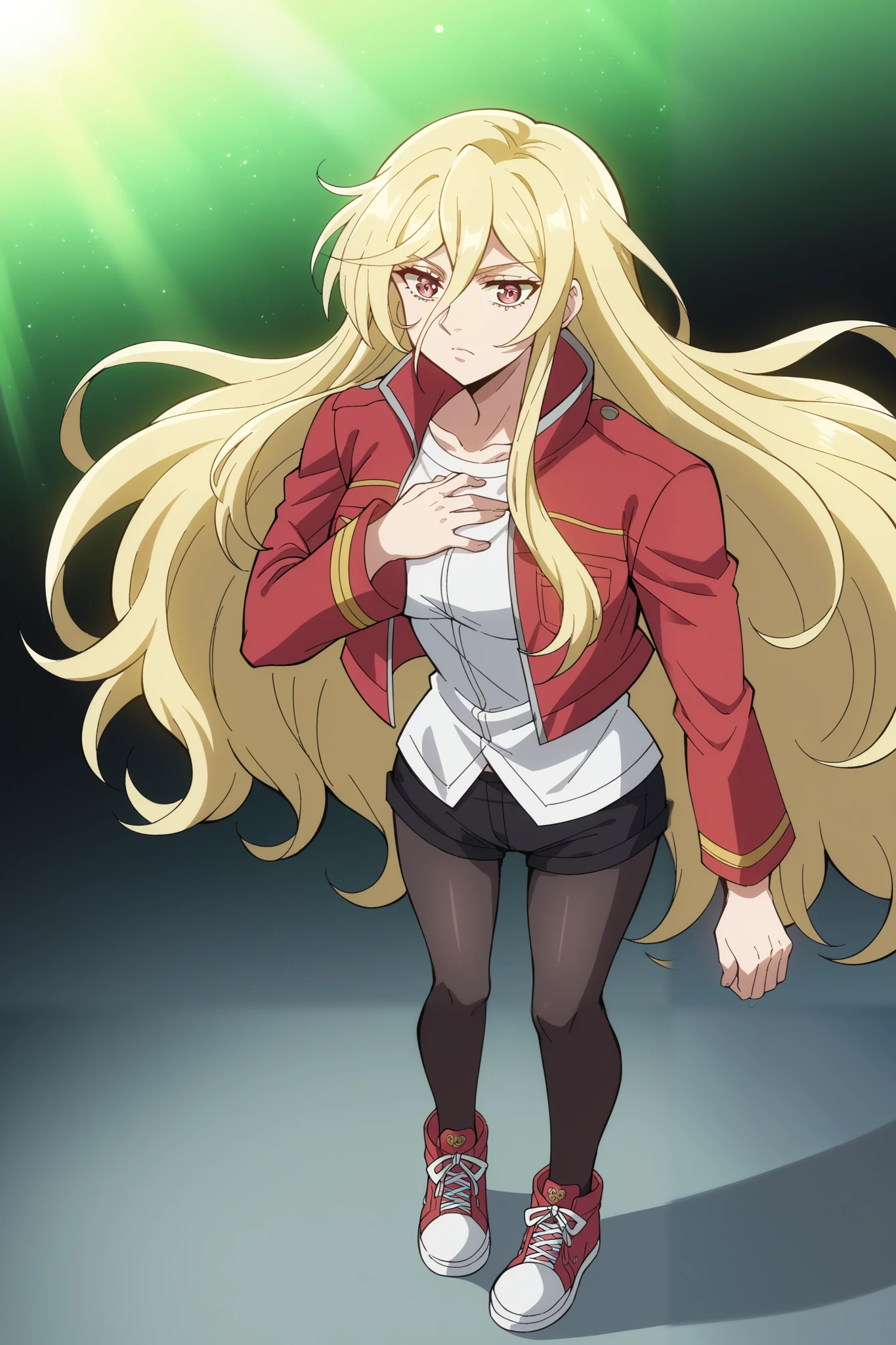 score_9, score_8_up, score_7_up, score_6_up, score_5_up, blonde face to the viewer, 1 girl, long-haired blonde, fragile, slim, light golden long hair to the waist , bangs on the forehead, hair between eyes , raspberry eyes , dark pink eyes , Warm jacket, warm shorts , warm tights , crimson sneakers , pressed her hands to her chest , light in the hands , full length style, the girl has a green aura, green glow , huge sea wave , huge wave behind , 🌊🌊🌊gloomy, darkness, black background
Masterpiece , high resolution, Accuracy, Best quality, Ultra high definition , bottom view, Shine, lines of motion , Lens glare, The back light , chiaroscuro, ray tracing, Divine rays