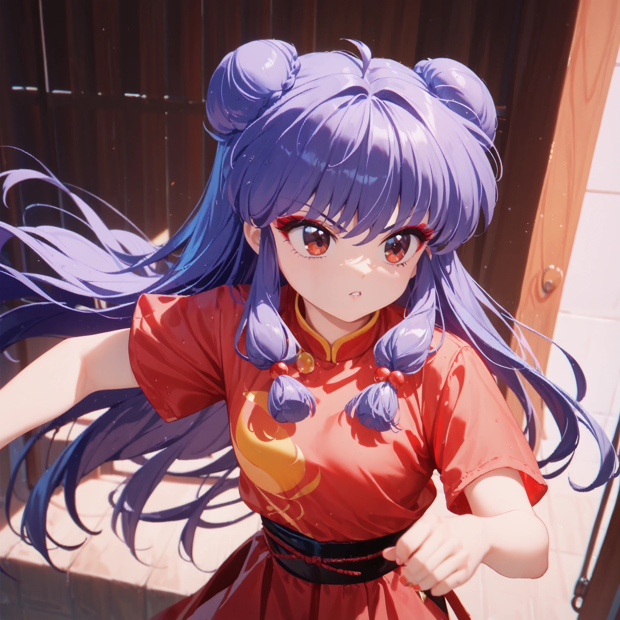 masterpiece, top quality , perfect face, Highest Resolution, 8k, 1 Girl, young, shampoo (Ranma 1/2), young, red eyes , long hair, purple hair, Detailed depiction of bun knot hair , Red eyeshadow, fighting pose