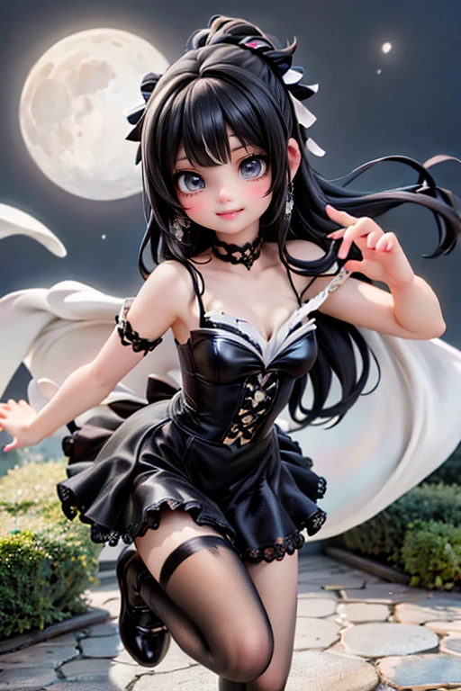 Ultra-realistic 8k CG, masterpiece, best quality, (photorealistic:1.4), absurdres, extremely detailed, real hair, life-like, horror scene, dark setting, (floating), cute girl smiling, red lipstick, red smokey eyes make up, showing fang, black hair, girly dress, (white pantyhose), black ((mary jane pumps)), tail, black wings, devil horns, looking at viewer, reflective, crawling toward viewer, night sky