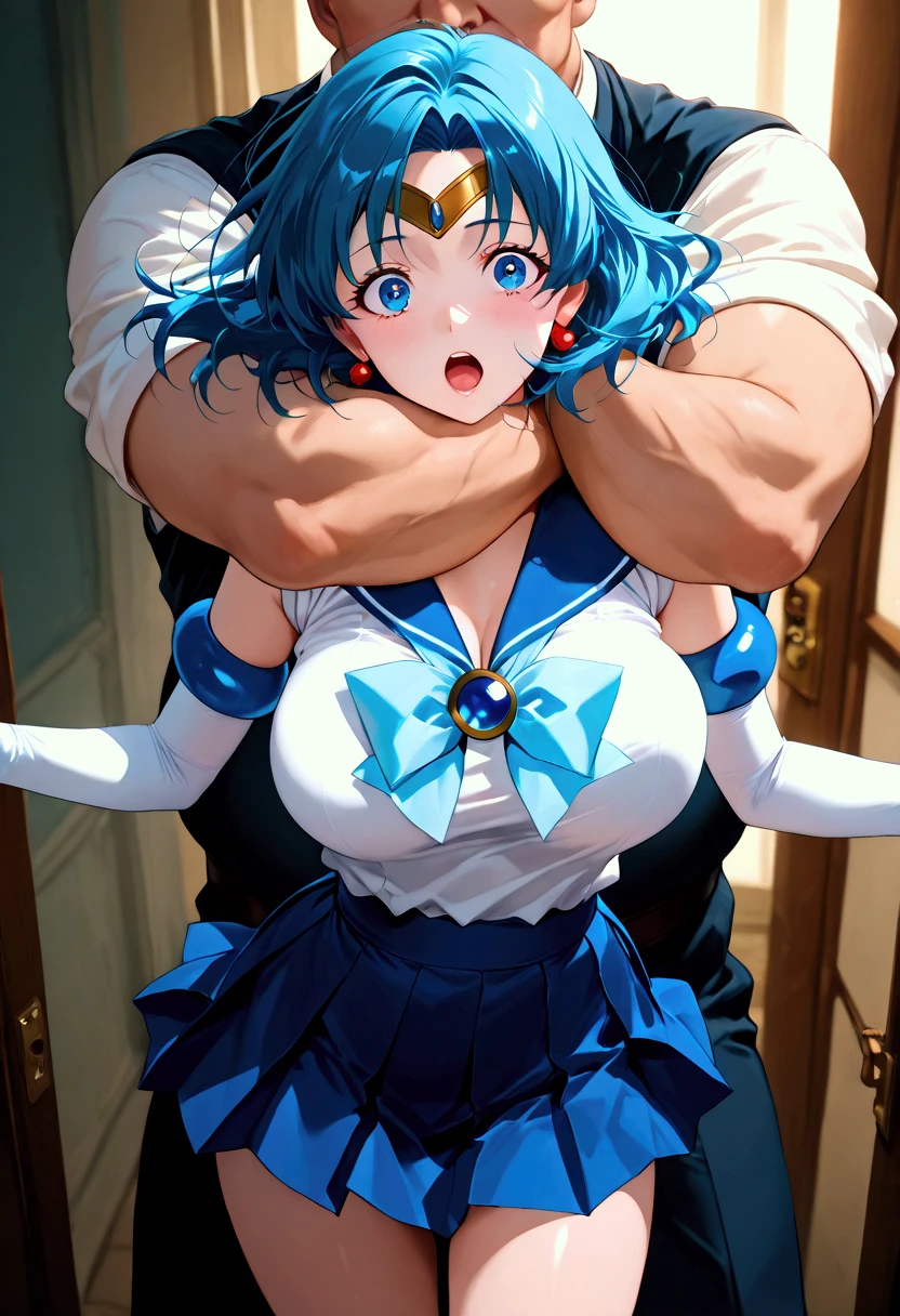 masterpiece,  best quality , 8k, 20th generation, aamercury, short hair, blue hair, tiara, earrings, blue eyes, blue choker, blue sailor collar, blue bowtie, white shirt, elbow gloves, white gloves, pleated skirt, blue skirt,  bare legs,（Big Breasts）,  delicate girl,  Pure Beauty ,   RAW photo,  Professional Photography in the Dark Streets,  portrait, Soft light,   professional writing  , Backlight, Sophisticated,  Film Grain , ( eye and face details:1.0), short, floating hair,  beautiful,   Flowing Hair ,In the dark dungeon、Time is night、(wide-eyed:1.5)、（ open your mouth:1.5）、(( Woman Standing 、 fat fat middle aged man standing behind woman、Fat fat middle-aged man is feathering a woman))、(Bouncing breasts:1.2)（ pink light:2.0）、Men have vulgar faces、(In the Dark:2.0）, choke hold,spread out arms aside