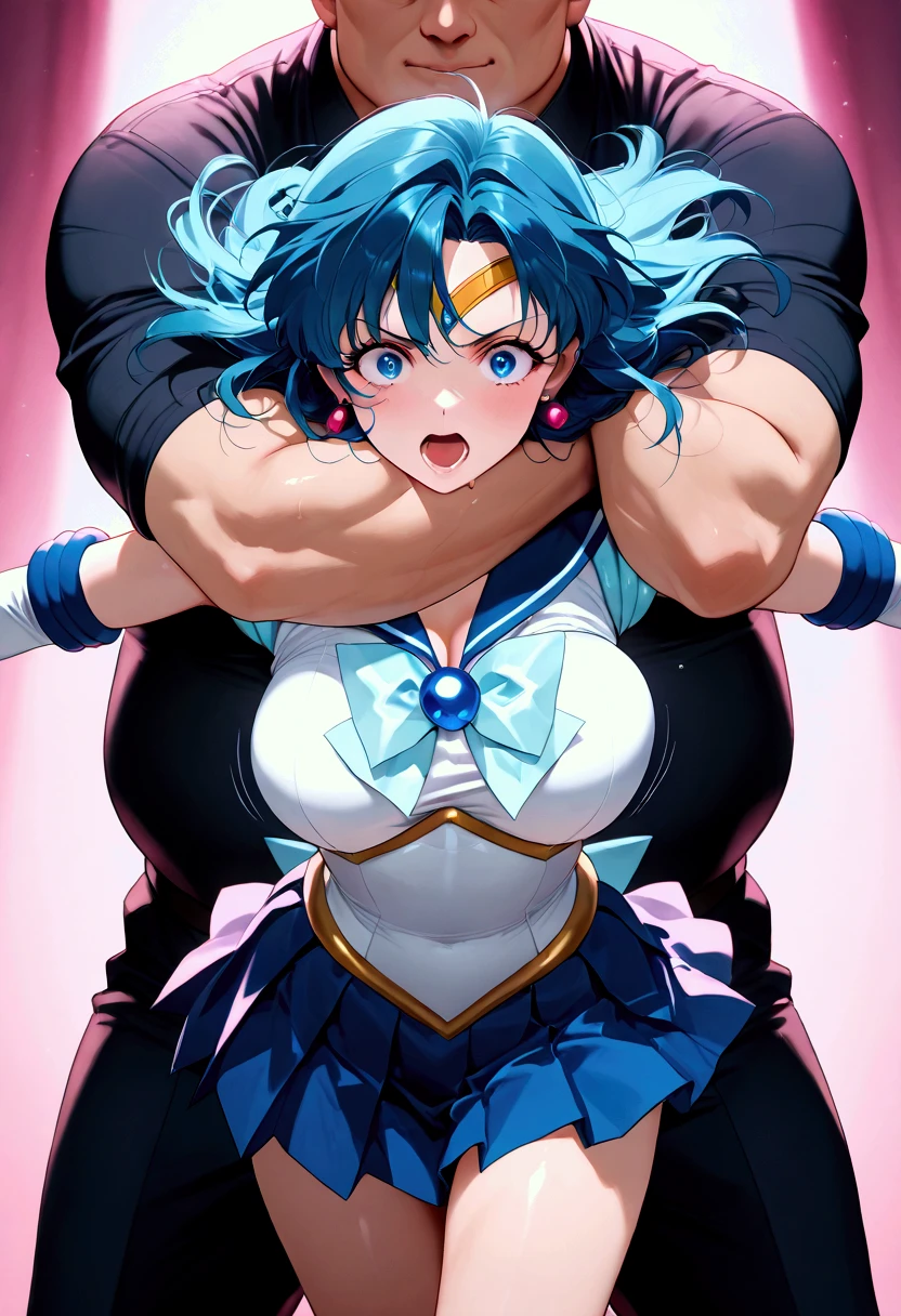 takeda hiromitsu style, ,blue hair,Ponytail Golden Eyes,Anime Cel Style, highest quality, High resolution, (huge breasts:1.4), blush, embarrassing, smile,Sailor Senshi Uniform,My whole body is sweaty,big breasts,big ass,big thighs,Crab crotch,Ahegao,stick out tongue、Penis over eyes,.POV amazing penis,Blue hair ponytail,latex sailor suit