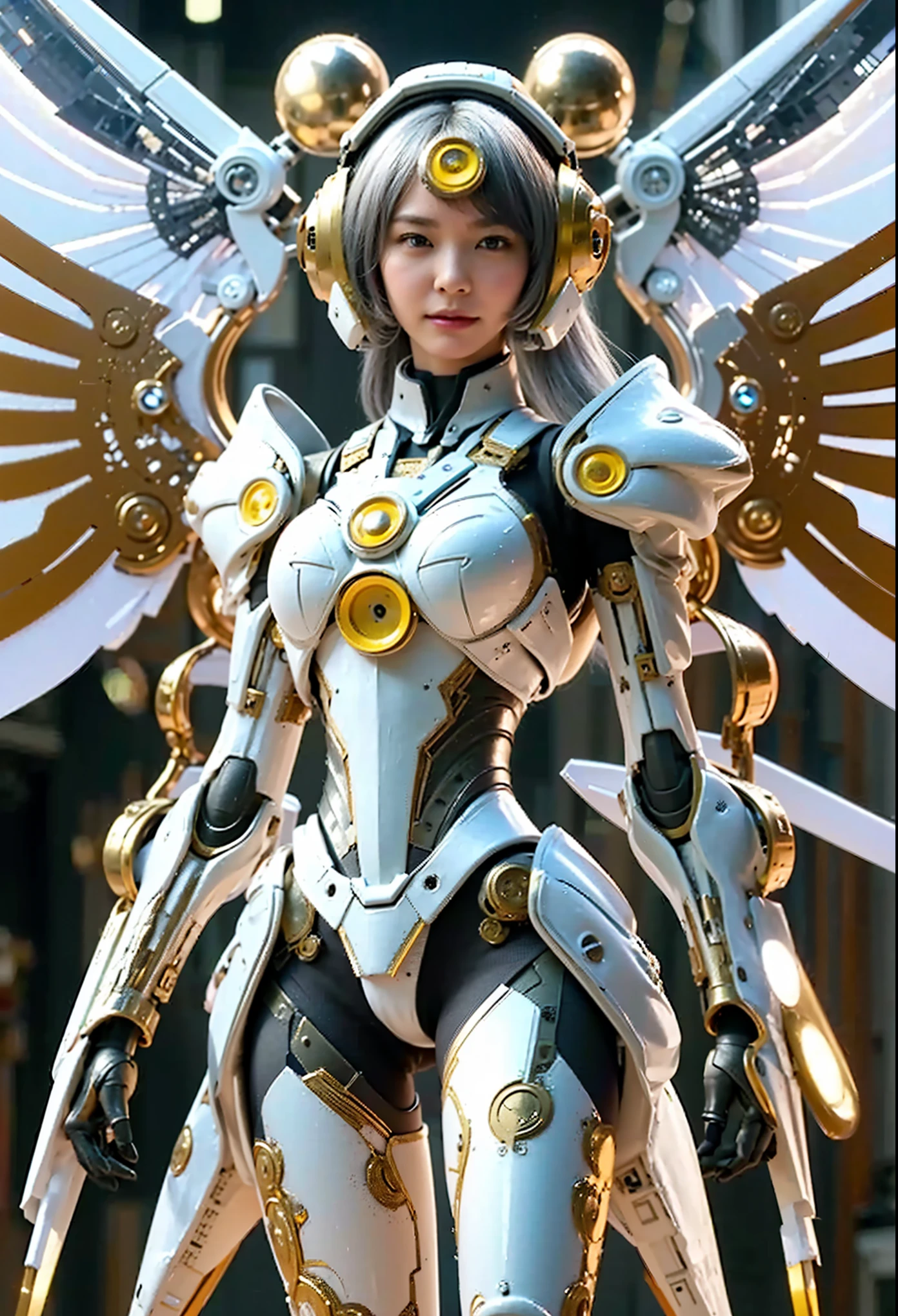 (Completely live action:1.37), (Amazingly realistic textures:1.37), (masterpiece, best quality:1.2), (8k uhd, 16k, 32k, ultra high res), amazingly realistic skin, amazingly realistic photo, superrealism, (photorealistic:1.37), (RAW photo), ultimately realistic, (ultimately realistic all details), (ultimately realistic all textures), super realistic lighting, super realistic shadow, (japanese girl:1.5), (realistic idol face), smiling, happy, super realistic face, ultimately realistic skin, ultimately realistic eyes, (mascara:1.35)ultimately realistic background, ultimately realistic detail up, (kkw-ph1:1.25), (GotouMaki:1.25), (Canon EOS R6, 85mm, 1/200s, f/5.6, ISO 1600), (tattoo), (mechanical armor:1.37), (blue eyes:1.2), (silver hair:1.3),