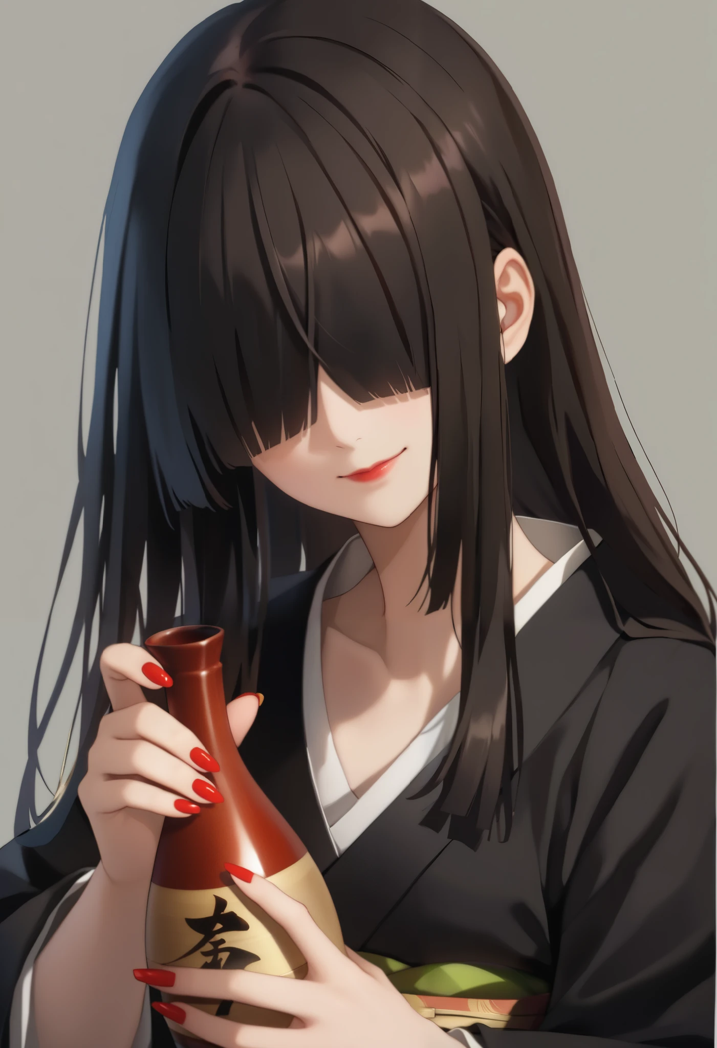 score_9, score_8_up, score_7_up, (1girl, solo), upper body, (black hair, long hair, straight hair, bangs, hair covering eyes), ear, black kimono, head tilt, smile, holding Japanese SAKE bottle, (nail polish, red nails), (simple background, grey background)