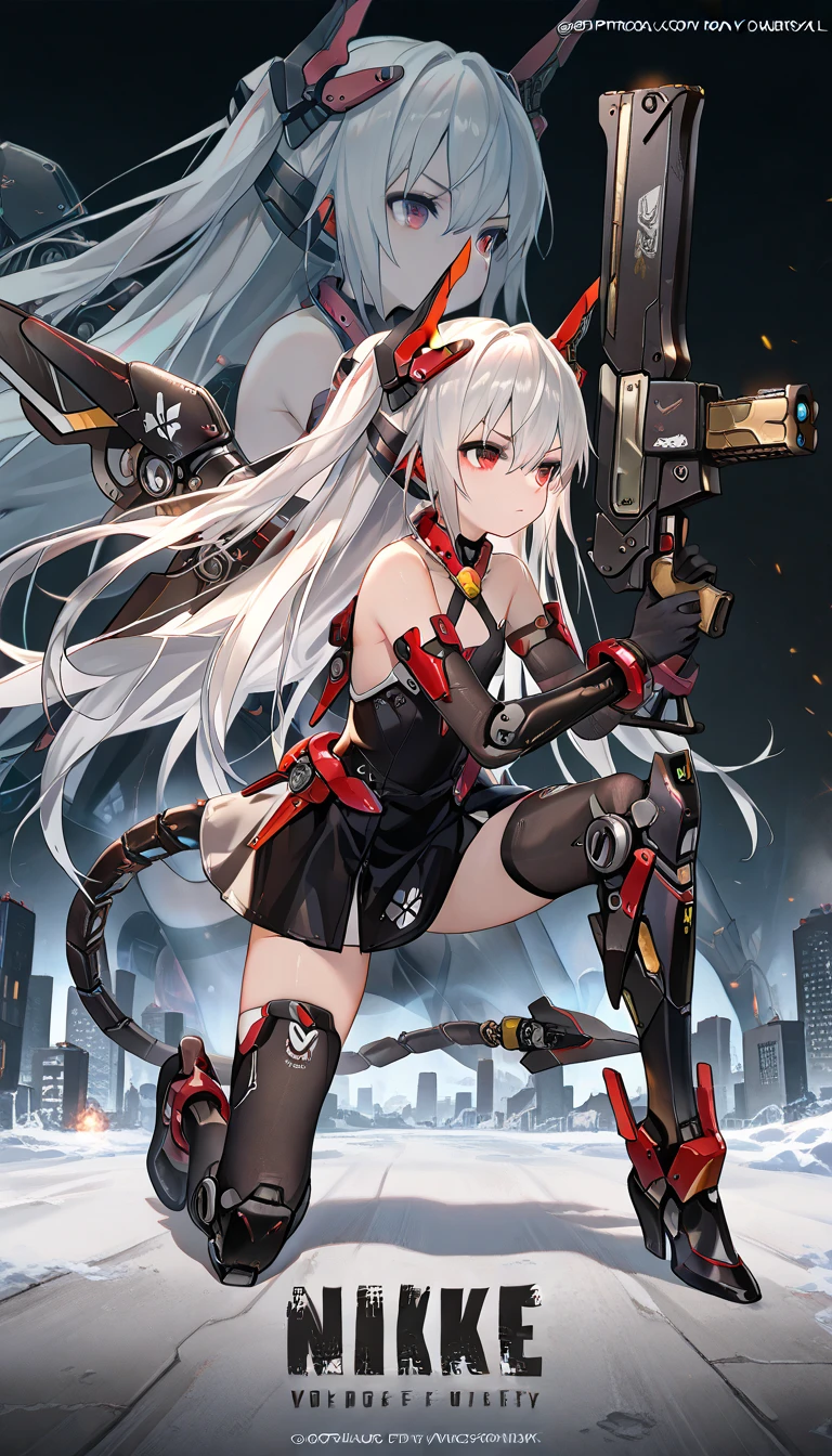 Mechanical Weapon Girl. （Close-up）Full body bodysuit. Latex. Cyber wind. Light armor. A look of contempt. Grey hair. Glowing red eyes. Glowing core. A mechanical Kaijyu in the background. large sharp claws; Mechanical Fang. Red and black machine. Battleship. Sit down. Cross legs. Arms crossed. A swarm of mechanical insects.