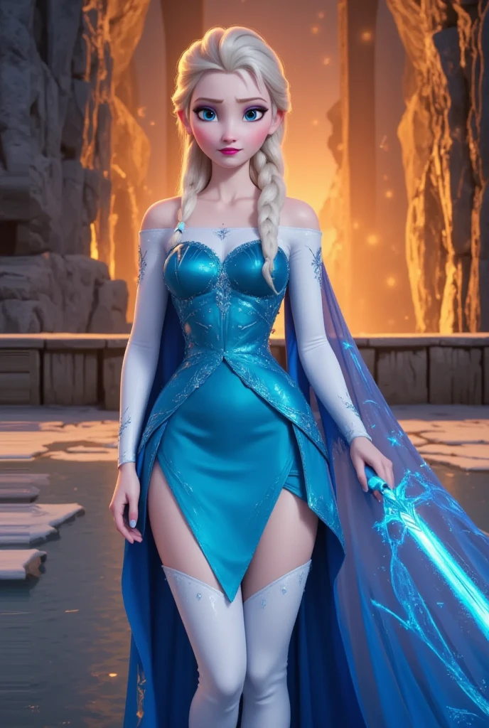 Elsa en impératrice de l'espace, she seems closed and intransigent, elle porte une jupe courte et un haut qui révèle son nombril