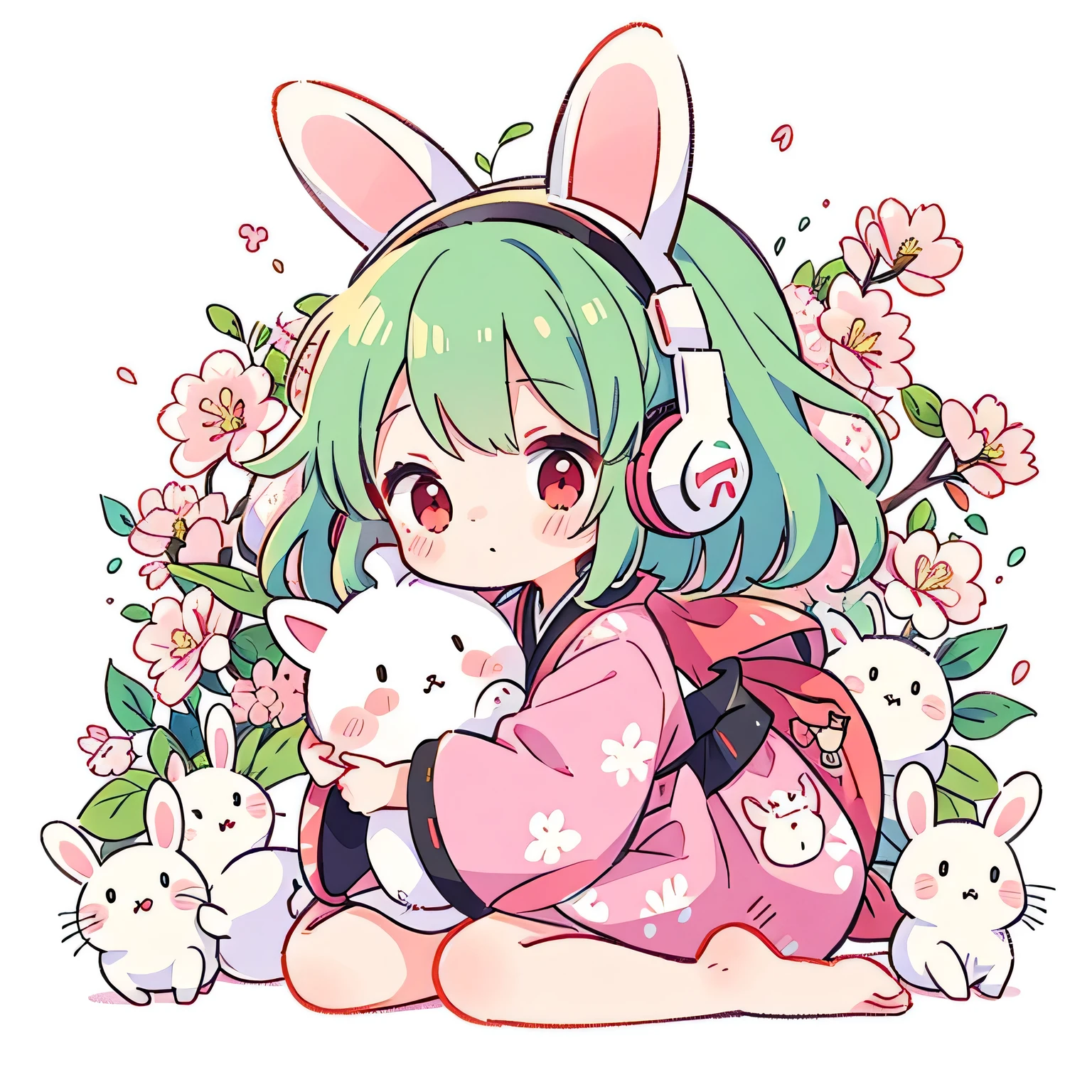 Cute chibi anime illustration, girl with short messy mint-green hair and round red eyes and rosy cheeks, wearing unique headphones with mechanical bunny ears attachment (white base with pink inner ears and black circular sensors), complete with purple ear cups. Hugging happy white mechanical pig plush with black ears and blushing cheeks. Character wearing a modern cute kimono dress fusion - a short-length kimono in soft white base with delicate cherry blossom pink gradient accents (#ffd6e0 to #ffecf1), featuring a satin-finish pink obi bow at the back, off-shoulder style with flowing bell sleeves. The fabric is adorned with subtle scattered sakura flower patterns in a slightly darker pink (#ffb6c1), creating an ethereal effect. The kimono hem features a traditional white-on-pink wave pattern detail. Art style: Super deformed chibi, retro anime aesthetic. Background features a dreamy Japanese sakura scene with soft pink cherry blossoms falling, pastel gradient sky from light pink to lavender, with subtle sparkles and traditional Japanese landscape elements in silhouette. White outline around characters. Color palette: mint green (hair), coral red, sakura pinks (multiple shades), white, lavender, and soft purple. Clean cel-shaded style with strong black outlines and rounded edges. Cheerful and energetic mood with Japanese spring inspiration