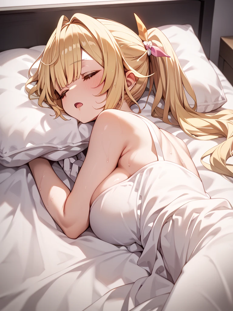 Girl, with blonde hair,naked, in a Japanese room, Lying on a bed masturbating, night, blushing, brown eyes, with a nourished and cared for body,Vaginal Wetness,Enjoying Face 