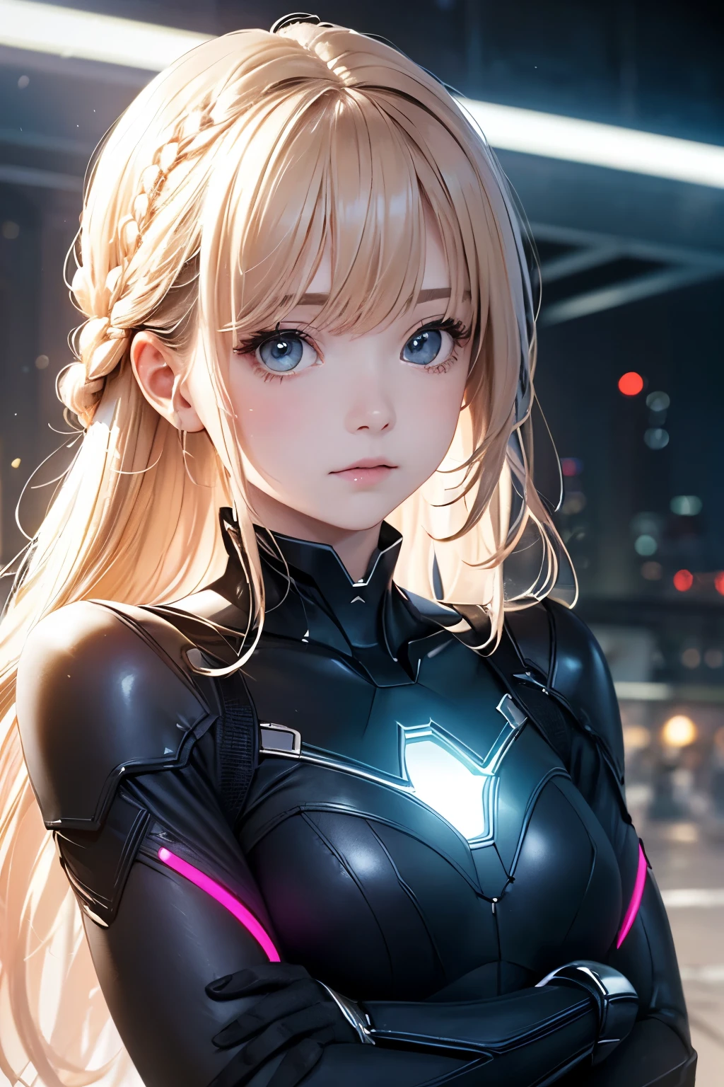 portrait, realistic, elegant woman, bodysuit, blue eyes, blonde hair, 4k resolution, Hyper Realistic