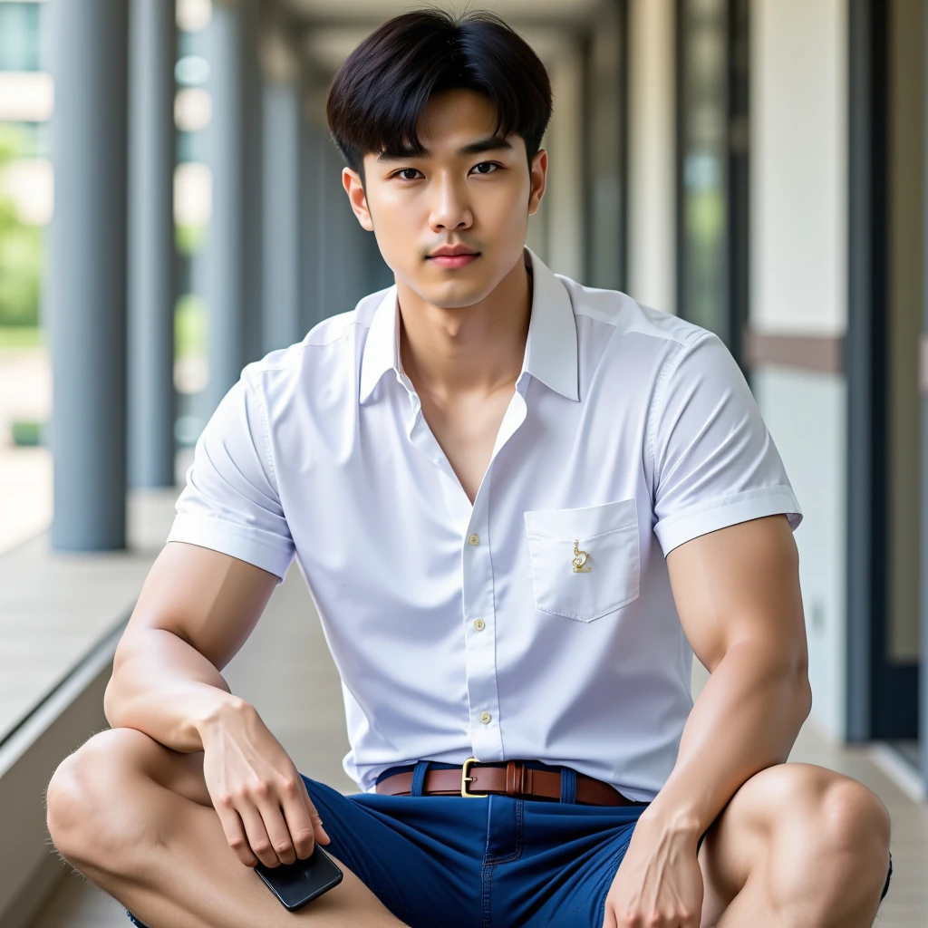 Masterpiece, best quality, High quality, วอลล์เปเปอร์ CG unity 8k ที่มีvery detailed, depth of field, HDR,,photorealistic,very detailed, 1 man sitting on a chair, Asia, black short hair, , (Thai , white shirt), blue cargo shorts, chest muscles, Big arm muscles, blood vessel, big muscles, Broad shoulders, looking at the audience, Balancing the eyes, (Make eye contact) (outside the building:1.3)