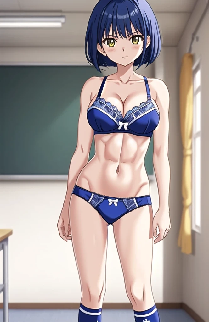 1girl, (solo:1.2), ((masterpiece)), (shadow), [sexy], (small breasts), (detailed:1.7), (thick lines), cinematic lighting, (textured skin), ((sharp focus)), ((very clear)), drop shadow, focused, shading, tracing, smooth, pale skin, sharp, (pixiv), ((detailed surroundings)), short hair, blue hair, (tiny thing panties), (small bikini bra), (sitting) on a table, classroom, bare shoulders, bare arms. (pelvic bones), navel, armpits