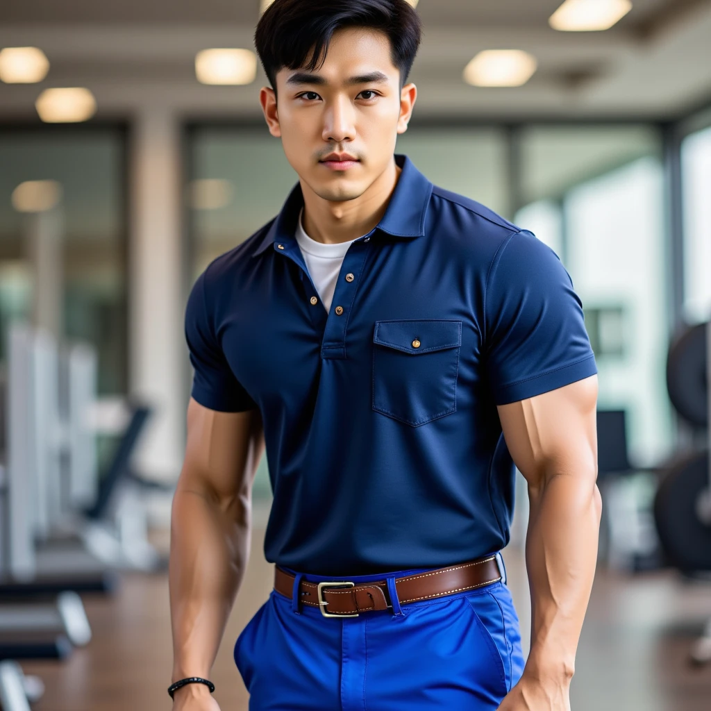A young Asian man stands, handsome, muscular, looking at the camera. In a simple navy blue T-shirt., In the computer room
