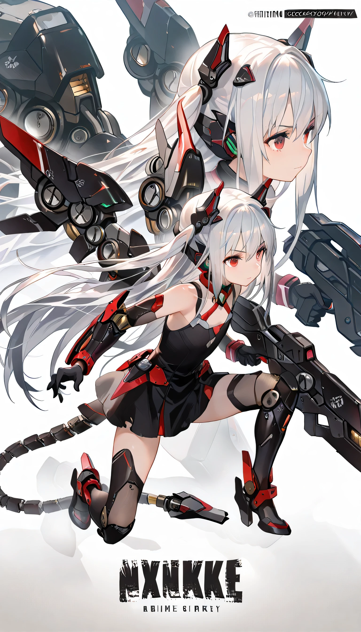 (score_9, score_8_up, score_7_up,ray tracing:1), (grim and dark), (masterpiece, best quality, amazing quality, masterpiece, 8k, high quality, detailed art), (mechagirl02, IncrsNikkeProfile, full body, zoom layer, on one knee, holding weapon, anime), solo, 1girl, very long silver hair, red eye, flat chests, black armored dress, artificial limbs, mechanical tail, mechanical wings, holding railgun, standing, in ruined cityscape