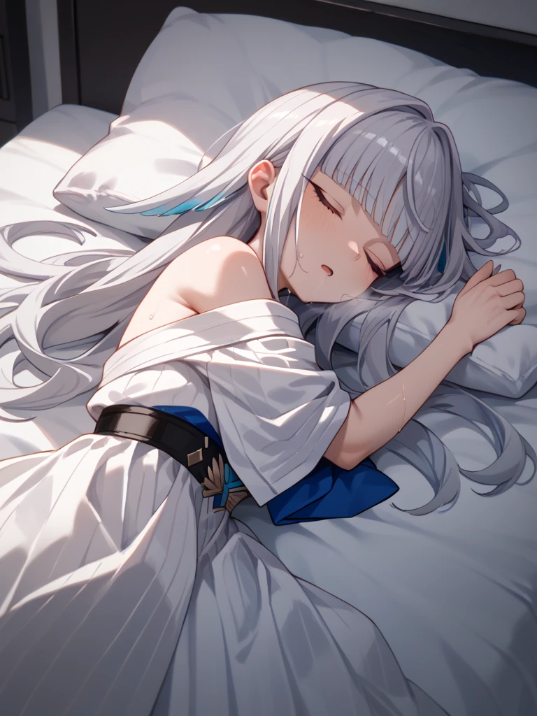 blue wallpaper room beautiful girl Cover yourself with a blanket and fall asleep Close both eyelids