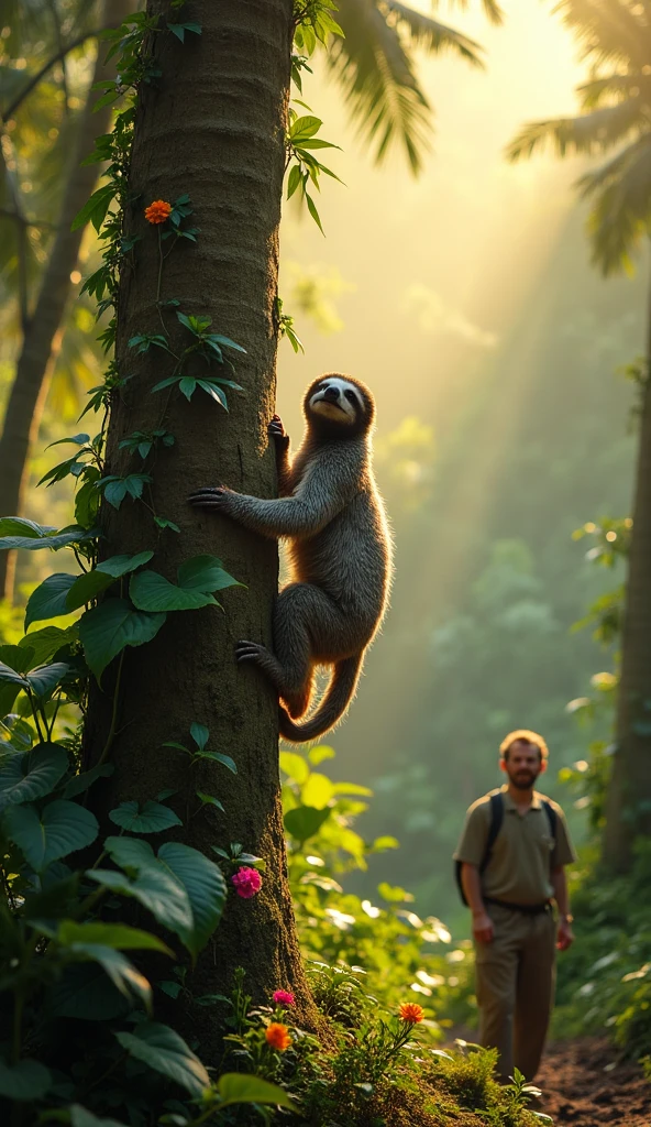 A rejuvenated sloth climbing onto a tall, healthy tree in a lush and untouched jungle. The morning sunlight creates a golden glow, and the tree is surrounded by dense green foliage and colorful flowers. The sloth pauses midway, looking back toward the rescue team standing at a distance, smiling with pride. In the background, the jungle appears alive and thriving."