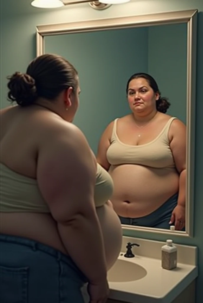 a large mirror in a bathroom environment lit by cold light. In front of the mirror, a fat person in workout clothes looks at himself with a tired and discouraged expression.
