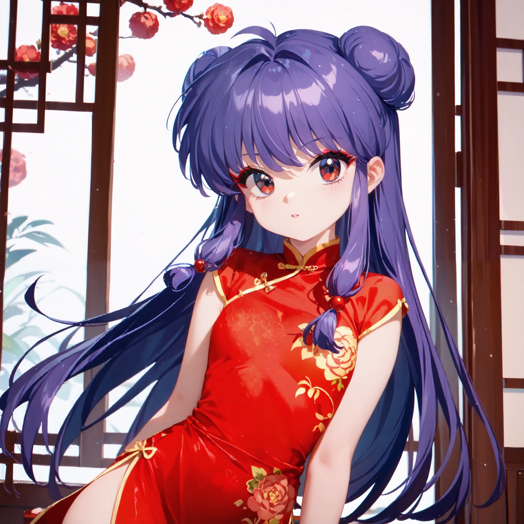 masterpiece, top quality , perfect face, Highest Resolution, 8k, 1 Girl, young, shampoo (Ranma 1/2), young, red eyes , long hair, purple hair, Detailed depiction of bun knot hair , Red eyeshadow, China Dress, I love you, It's exasperating