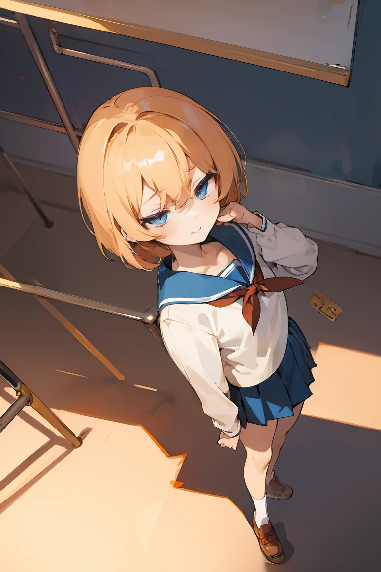 highest quality, anime moe art style,Best Anime 8K Kona-chan Wallpaper,Pixiv contest winners,perfect anatomy, (Please draw a girl walking sleepily to school.. ),break, 1 girl, (alone,,,13 years old:1.3),high school student, short hair, amount, (hair above one eye:1.7),All limbs, full finger,medium breasts, between legs, small eyes,Precise black eyes, hair clip, (sailor suit:1.5),(school uniform:1.5) skirt,On the way to school. break,Super detailed,High resolution,super dense skin, professional lighting,8K eye details, (cute illustration:1.2),blonde,blonde hair,No expression,(hair over one eye:1.5),sailor uniform