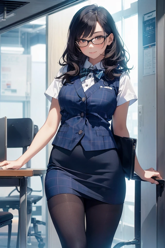 Best Quality, masutepiece, beautiful mature women、Beautiful face、Strong-minded woman、Officelady、(Officelady、navy blue plaid vest、Dark blue ribbon、White cutter shirt、Black Pencil Skirt、Black tights、high-heels:1.5)、(brown haired、Bangs are asymmetrical)、(Brown-eyed)、Longhaire、Undersized eyes、(((receptionist:1.5)、BREAK(poseing)