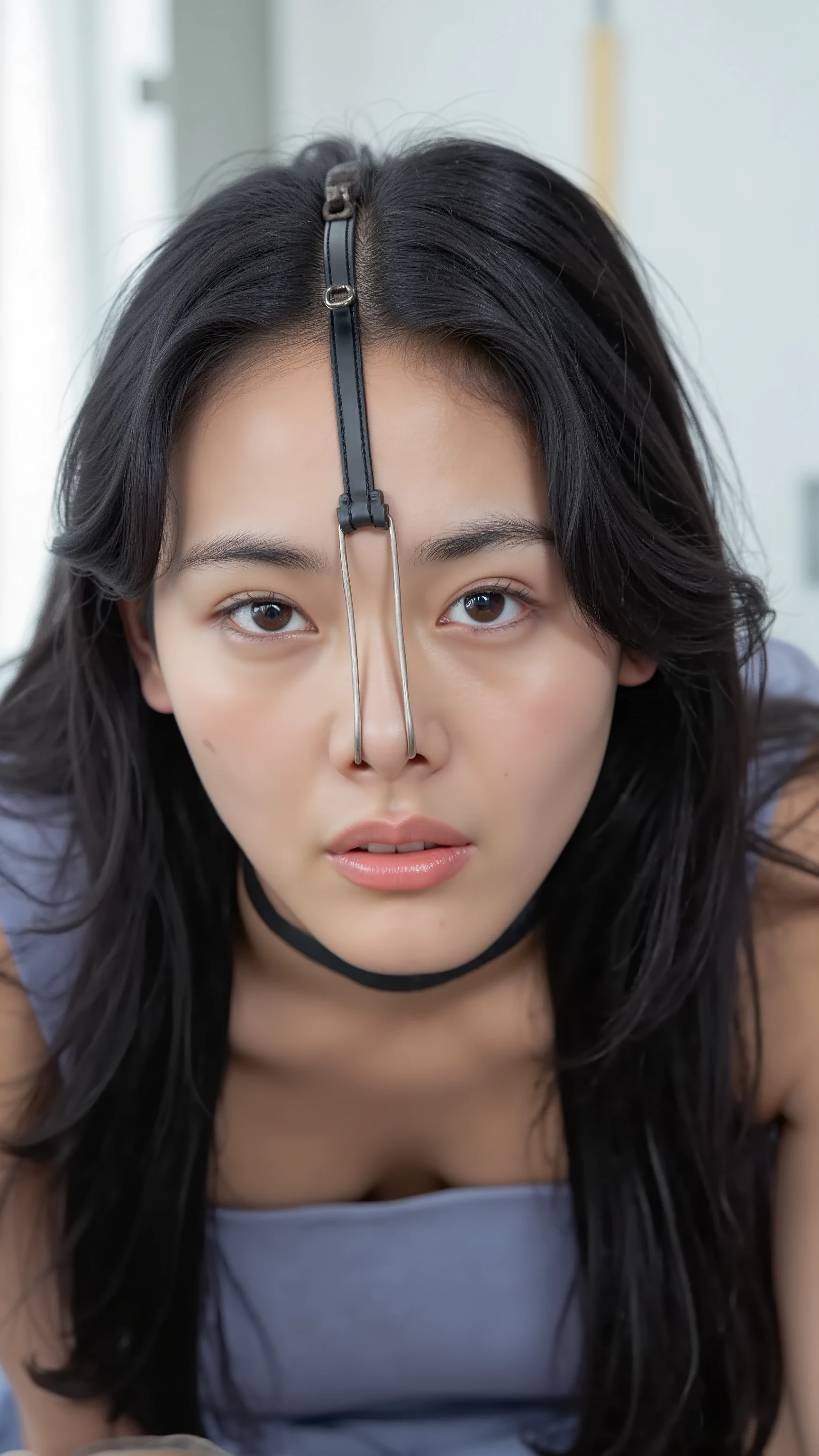 A high resolution photograph of a Japanese mature woman, masterpiece, photo-realistic, sharp focus, portrait, fashion shoot, solo, 1girl, portrait, dress, zettai ryouiki, straight long black hair, forehead, (nose-hook with strap wrapped around head top, metal collar, frowning:1.2), looking at the camera, (face focus, close-up of face, front view, view from below),