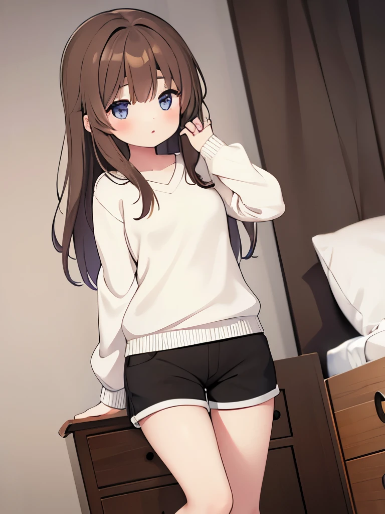 1girl, white caucasian female, 23 years old, long brown hair, white sweater, slim black cotton shorts, leg action, standing in a bedroom, cute, absurdres, high res, ultrasharp, 8K, masterpiece, looking at the camera,