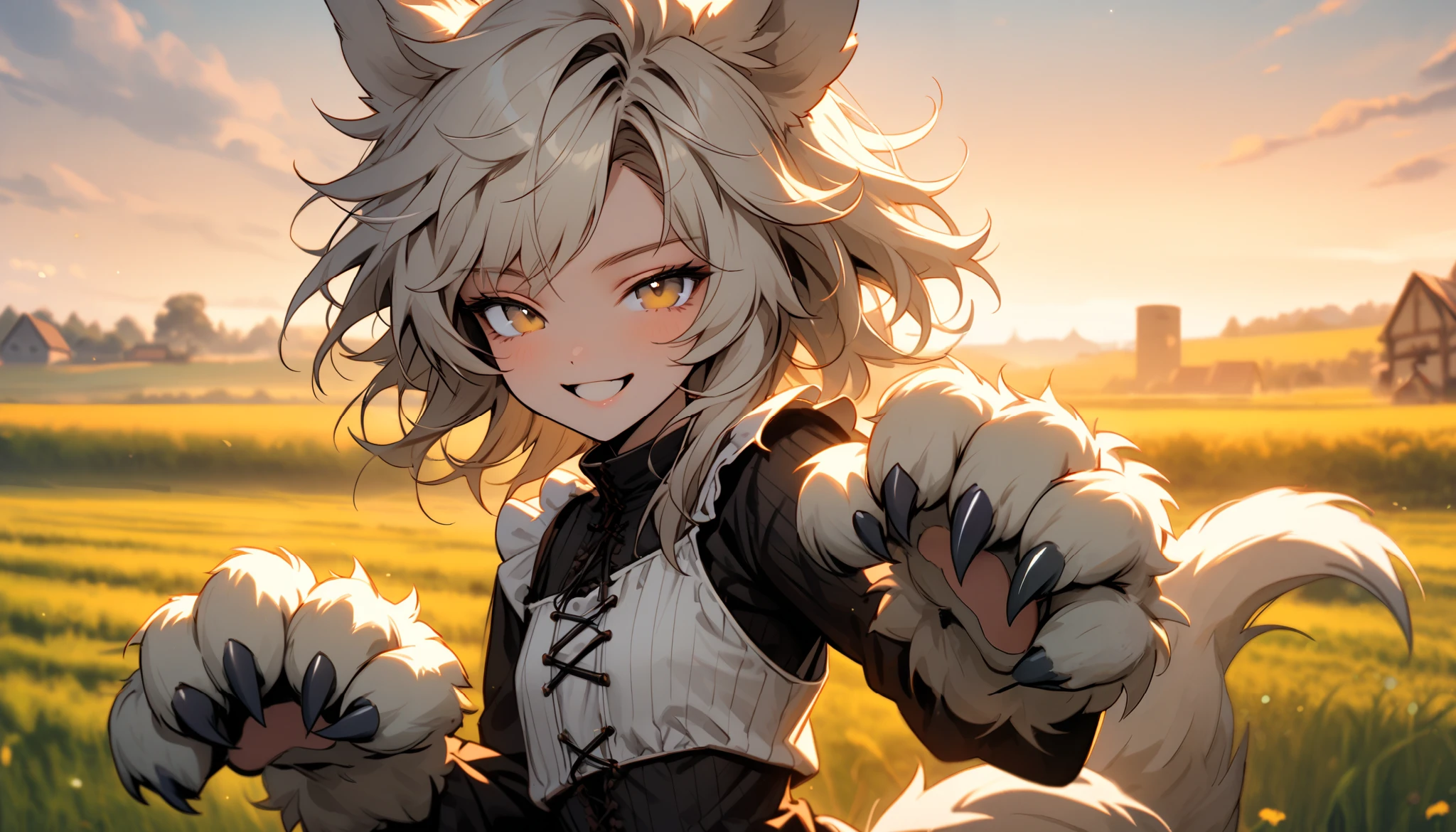 solo, female, labrador girl, dog girl, farm, close up, smile, playing, action, dog ears, dog tail, looking at viewer, medieval, field, cowboy shot, tomboy:1.7, toned, Victorian, messy fluffy hair, toned, furred claws, paw hands, werewolf, young, half-closed eyes, large claws, dawn, peaceful, cute, looking at viewer,