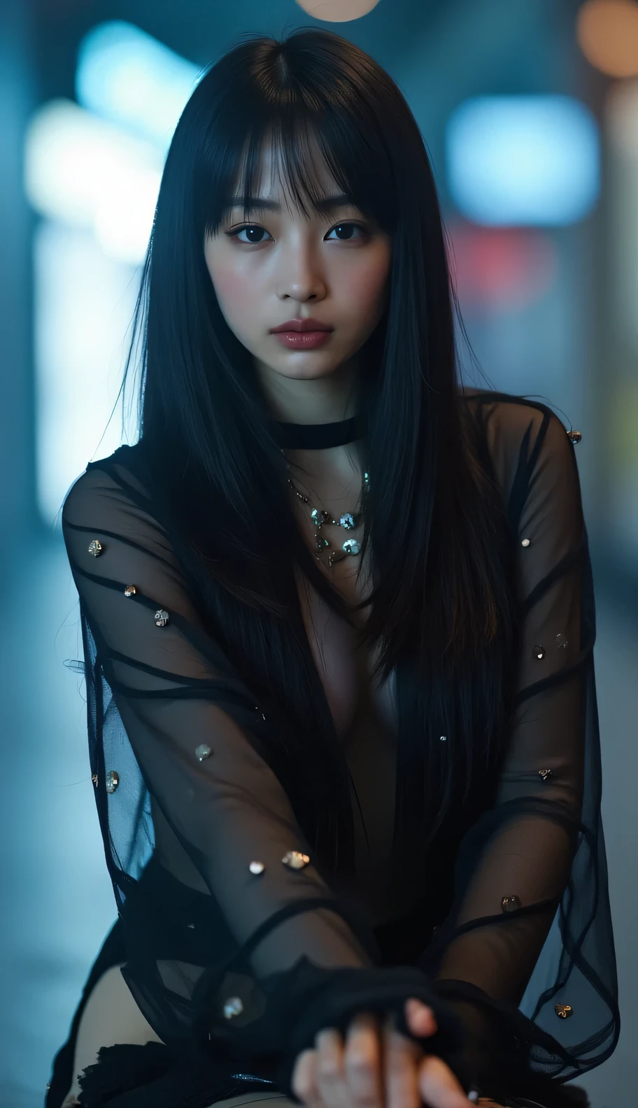 Masterpiece:1.3、( Photo realistic :1.4), realistic Detailsed , textured skin、 high resolution,Bokeh, Details、(Masterpiece:1.3), Verism、(8k, realistic , RAW photo, best image quality: 1.4), ( hairstyle is random :1.2)、( Highly Detailsed faces)、 double eyelids that bend both elbows 、((whole body:1.6)), One woman、 beautiful woman:1. 4,2. woman、 slender perfect body , long hair that reaches the chest 、Masterpiece, best quality ,ultra high resolution、 Five Fingers 、( realistic :1.4) 、 symmetrical face 、 The face is very realistic 、Photo level、8k 、 full best image quality、Sebaceous reflex、 The face is very realistic 、hyper realistic skin 、 realistic light and shadow effects、(( blue hour light )),(( dim lighting, Soft Writing)),(Pure and elegant),(( Moody Lighting)),((( Beautiful Thighs))),(( knight :1.5)),((tunnel)), gothic makeup ,dark makeup,(( messy hair)),(( hairstyle is random )),((Gray hair color))、(( graffiti art )),( blurry background),((gothic)),( panties ),(( sexy pose))、(( I can see my chest 、Transparent cardigan、Round Glasses))、 shopping mall 、 Beautiful Thighs、 Crouch