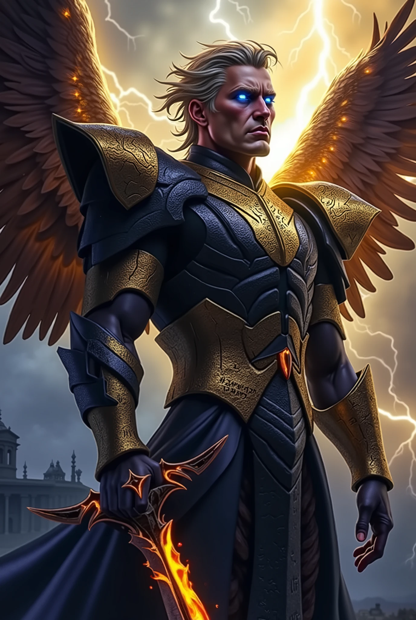 A fallen angel of imposing and tragic appearance, radiating an aura of heavenly power and unholy darkness. Seraphiel has burnt and fragmented wings, with partially incinerated feathers that glow with a spectral blue light. His face is a contrast between angelic beauty and hellish scars, with glowing eyes that oscillate between gold and blue. He wears cracked golden armor, adorned with sacred inscriptions that emit a faint glow. In his hands he holds a broken sword made of divine flames and pulsating shadows. The surrounding environment is a stormy sky with golden lightning and a dense fog that envelops his body. Dramatic background with a play of heavenly light and shadows, creating an epic and cinematic atmosphere. Photorealistic quality, dynamic lighting, realistic textures, high resolution, dark realism, mythological and impactful style.