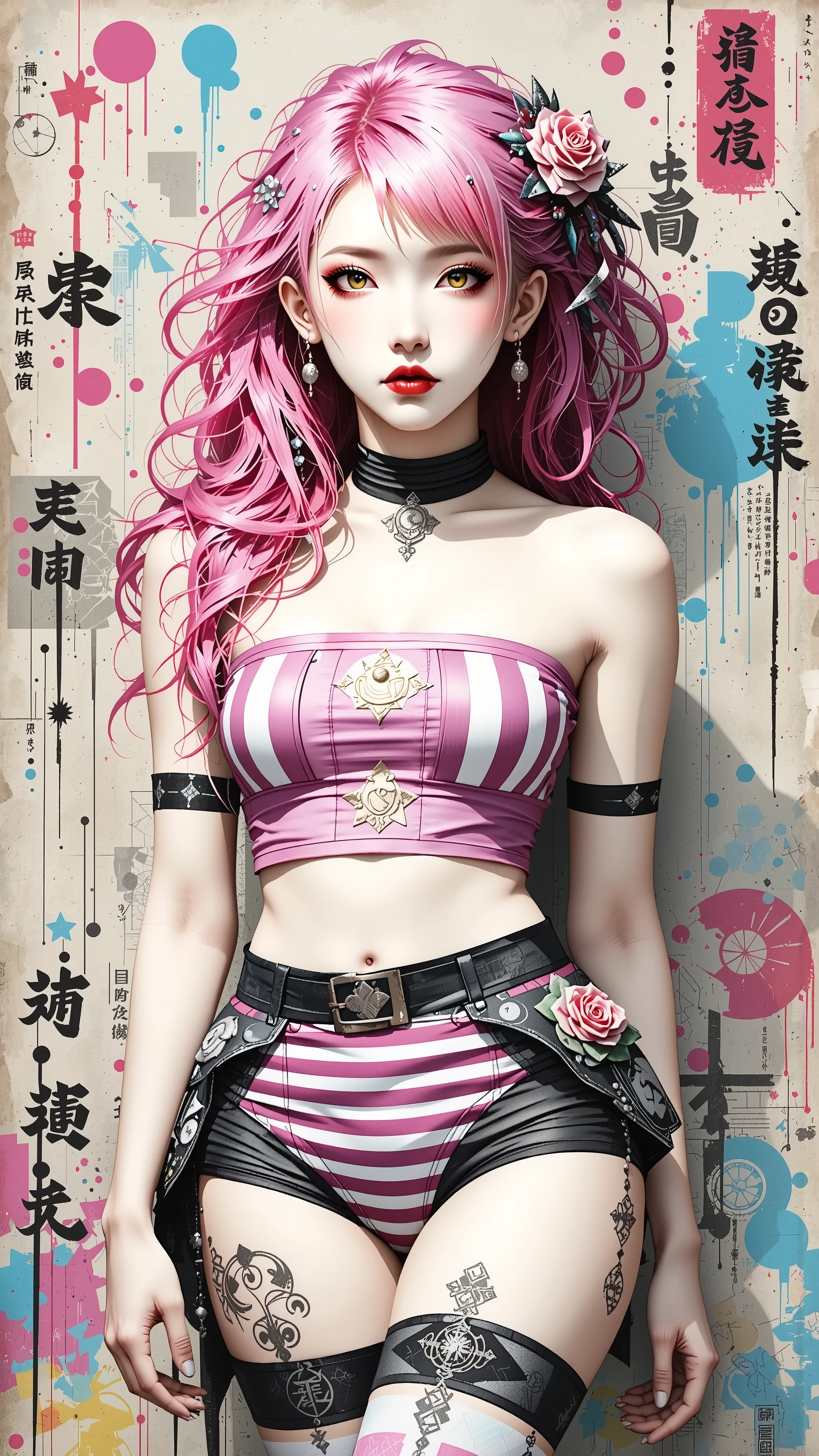 (best quality, highres), young japanese girl, long hair, swept-side bangs, pink hair, orange eyes, huge breasts, plain wall, (underboob), pink and white striped tube top, red lips, thick thighs, thigh highs, anime, hentai, manga, standing, contrapposro, (arms behind back), straight on,