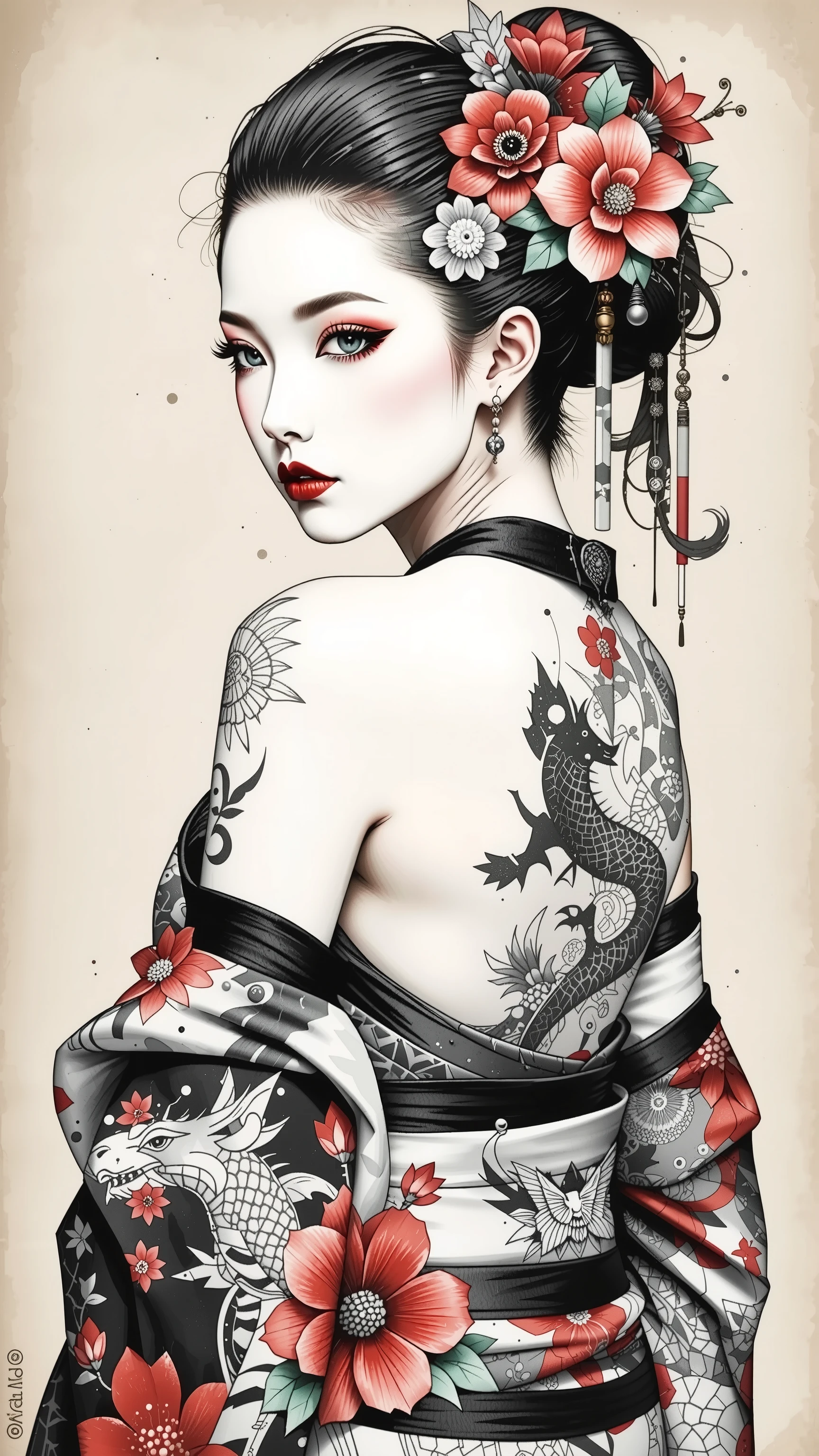Waist-length view. A detailed drawing of a geisha midriff portrait made with a thin black pencil in shades of gray and red (flowers, tattoo). View from behind, up to the waist, she squints at the viewer, turning over her left shoulder. Naked thin shoulders. Japanese geisha makeup, elegant tattoos with dragons and flowers. Complicated hairstyle, red flowers in her hair. Long eyelashes, a very beautiful slender sexy young Japanese woman, white skin. Master's drawing, very high quality, photographic accuracy.