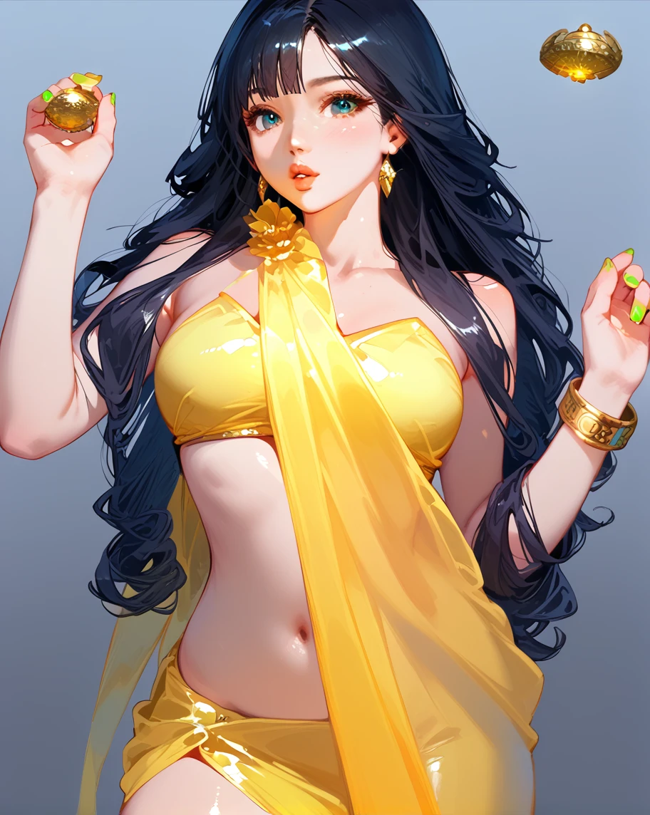 4K, A high resolution, Best quality at best, masterpiece, perfect colors, perfect shadow, perfect litthing, ((sportrait)), 1woman, fit-muscled body, bright yellow eyes,dark blue hair , blue eyes, With round lenses, The audience watched carefully, (s face: 1.2), Perfect female figure, ((standing)), ((beautiful queen in yellow dress suite, luxurious yellow tight crop top yellow roses and skull adorn her cloth, (yellow bikini, yellow roses, gold skull ornamental, yellow dark))), ((shy and looking at viewert)), (Perfect thick white eyebrows) Delicate fur, 详细s face, s the perfect face, At a fantasy cyberpunk city , (model pose standing), energetic abstract background, perfect cyberpunk city skyscape, lighting atmosphere, ((Bonifasko lighting)), (The round lenses on his eyes)(detailed eyes), Perfect student, ((face close up)), half breast open