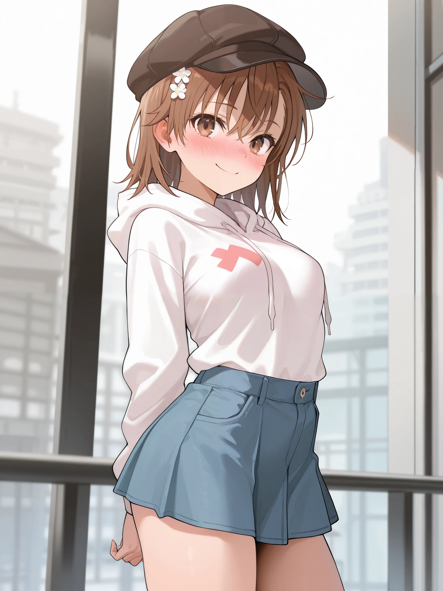 masterpiece, highest quality, Official Art, 8k wallpaper, Very detailed, figure, Small 1 person girl cute, Brown Hair, Wide Hips, Thigh Gap, Medium chest, Yoga pants, Sailor Top, Backpack, Are standing, from the front, surprised, outskirts