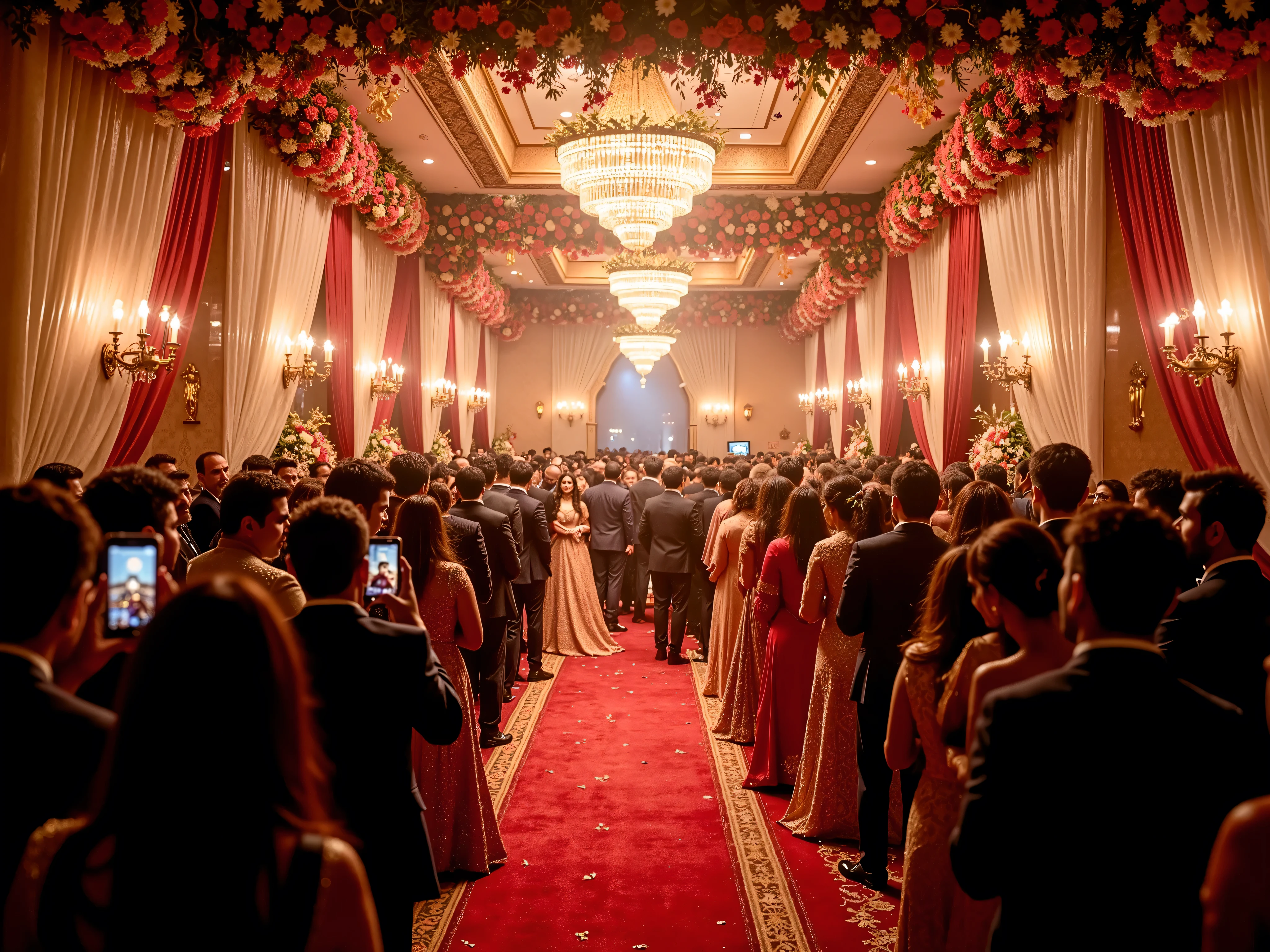 High-resolution, photorealistic night scene of a grand Pakistani wedding entrance hall. The hall is adorned with lush, vibrant floral arrangements, draped fabrics, and a dramatic red carpet. A sea of guests, resplendent in traditional attire (sherwanis, lehengas, suits), gaze directly at the camera with hyper-realistic, intense expressions, while some guests are seen taking pictures with their phones and cameras. HDR lighting illuminates the scene, enhancing the rich colors and intricate textures of the elaborate decor. The resulting image captures the opulence, energy, and immersive atmosphere of a Pakistani wedding celebration.