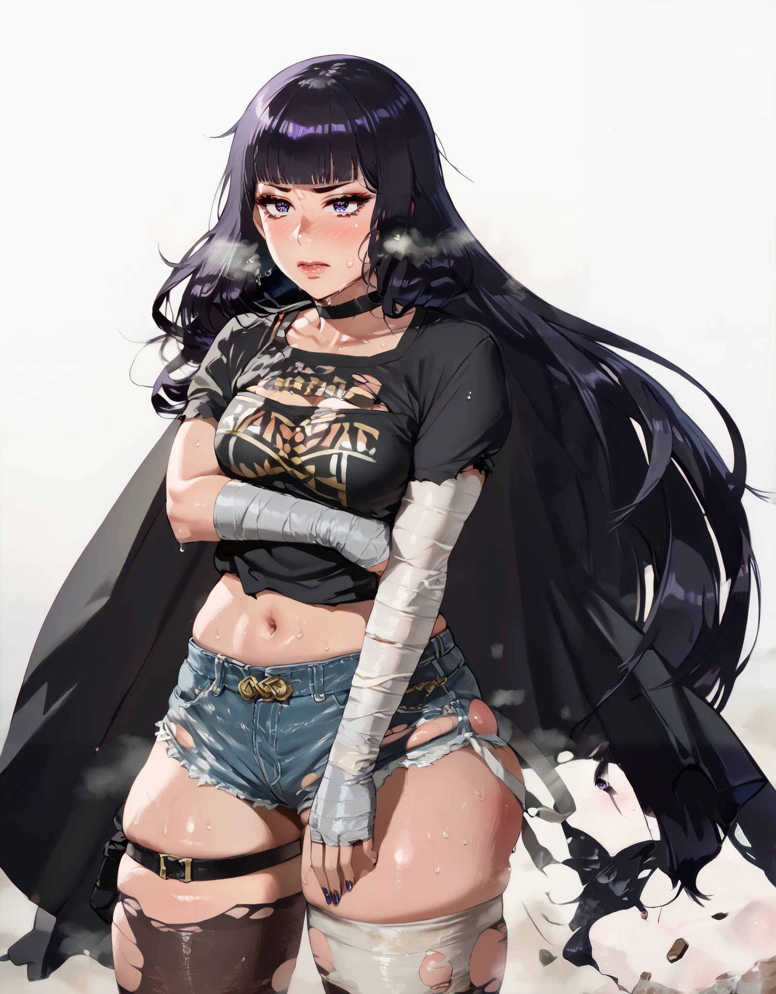 fmuc, score_9, score_8_up, score_7_up, misuzu gundou, long hair, bangs, black hair, blunt bangs, purple eyes, (small breasts:1.3), anime coloring, anime screencap, (voluptuous:1.3), (thick:1.3), (voluptuous:1.3), (thick:1.3), BREAK UHD, retina, masterpiece, accurate, anatomically correct, textured skin, super detail, high details, high quality, award winning, best quality, highres, 4K, nails polish, makeup, eyelashes, excessive sweating, sweating, sweating drop, (gasping, heavy breathing:1.3), (skindentation:1.2), perfect eyes, beautiful eyes, eyelashes, makeup, detailed body, perfect body, BREAK, looking at viewer, 1girl, bandages, solo, bandaged_arm, choker, breasts, black_choker, collarbone, torn_clothes, navel, torn_shorts, looking_at_viewer, embarrassed, blush face, 