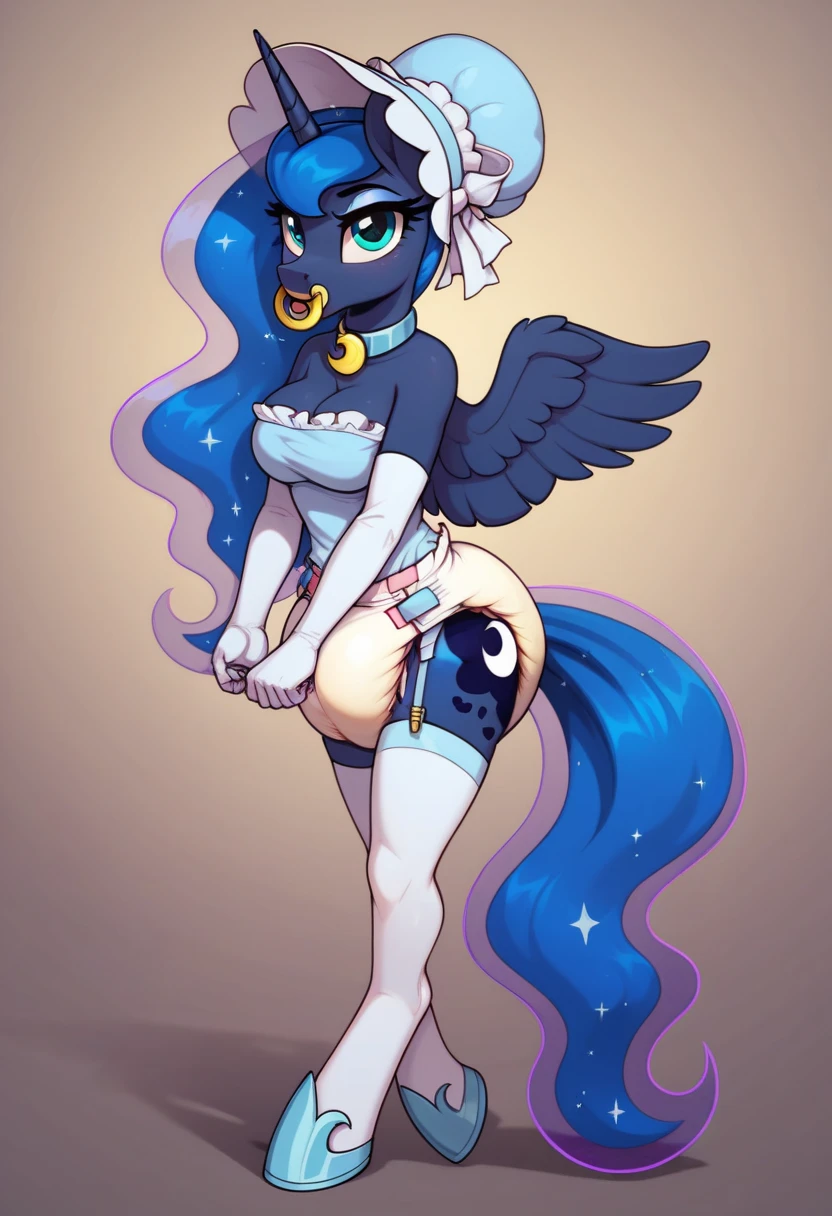 ((my little pony)), solo, ((seductive costume)), beautiful body, high detailed, 4K, ((seductive perky big butt)), behind view, (((short strapless space styled dress))), beautiful medium breasts, (((shining armor))), (((tights fishnet))), ((butterfly tattoo)), ((seductive journal pose)), ((fishnet sleeves)), (dripping pussy:1.3)