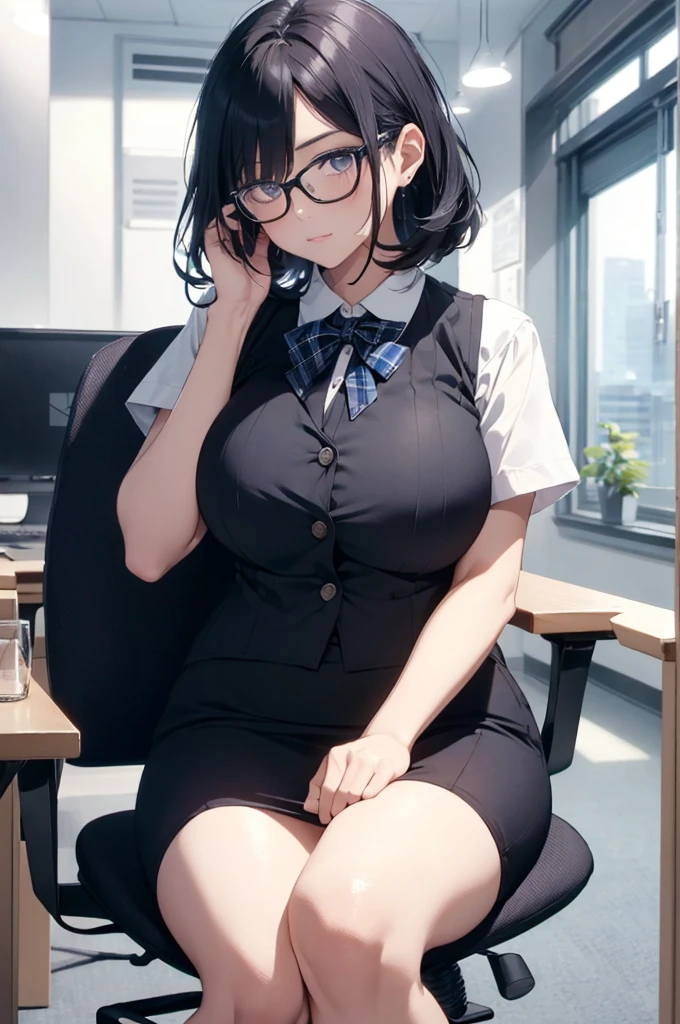 purple short hair　Glasses　white collared blouse　black tight skirt　stockings　(Strap ID Card)　50 years old　赤いルージュのPlumpとした唇　round face　Plump　(eye contact)　((Kinky mature woman sitting at the computer desk in the office, lifts her legs and presses her steamy onlys against my face.))　Beautiful onlys　toes　Sweaty sexy body　((knee high boots))　Photographed from a low angle　masterpiece　8k Depicted from a low perspective as if seen from directly below　Kinky MILF tries to step on my face with her patent booted feet　((only))　、pink nipples、sweater、