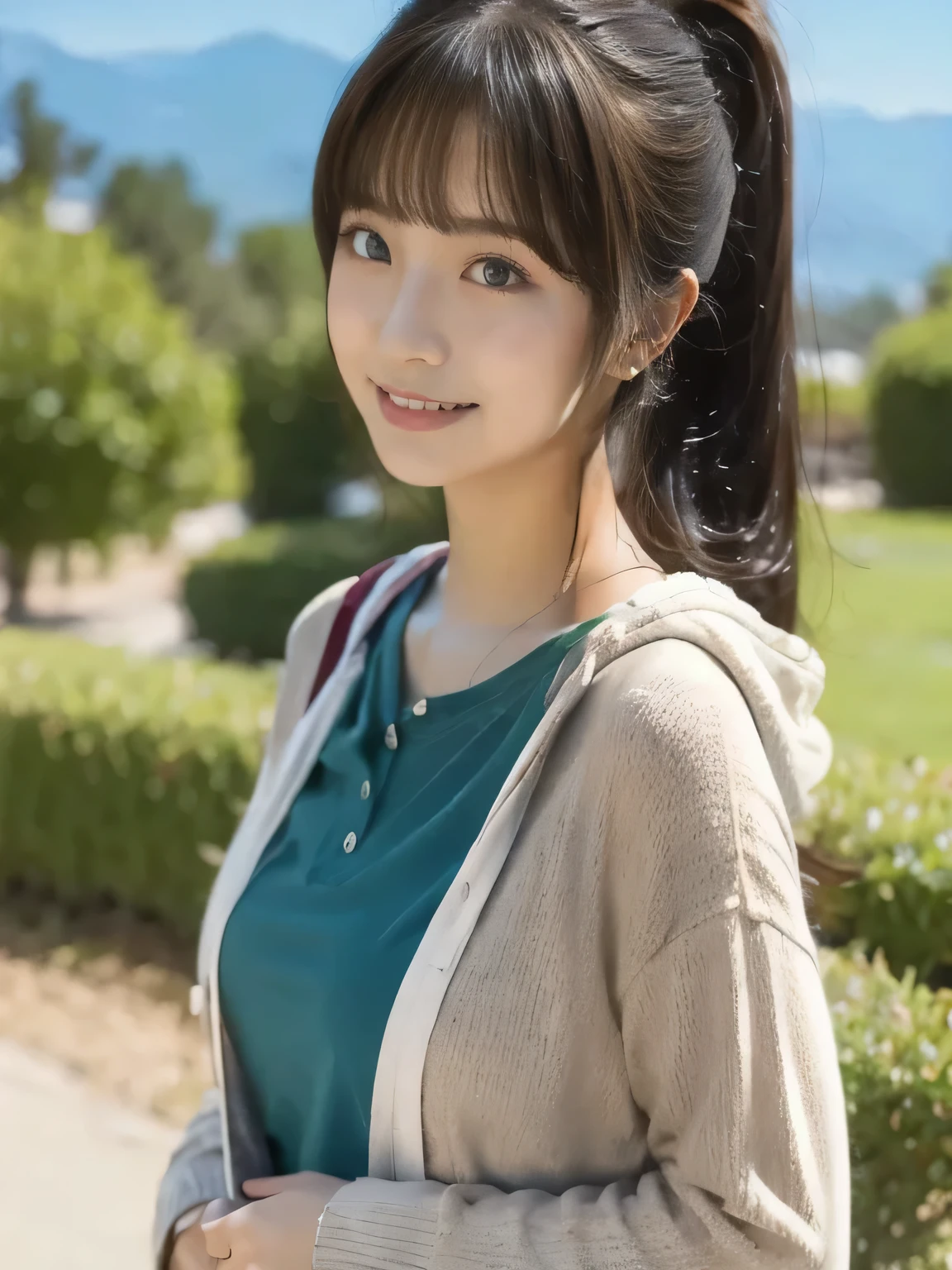 One girl happy with nature in the background, long hair, high resolution, looks, wearing a hoodie 、 multiview, anatomically correct, best quality , Details , 高い Details , High Definition Model , bangs, 目の間のbangs, Reality,