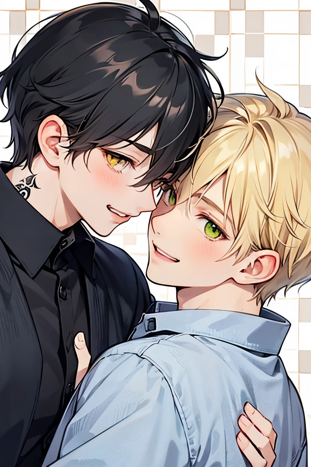 Blonde, black hair, for men, medium hair with visible tattoos , yellow eyes , green eyes,Beautiful Boy, skinny, Multiple Boys, 2 boys, , Yaoi, Checkered background,close up Face,Grinning face