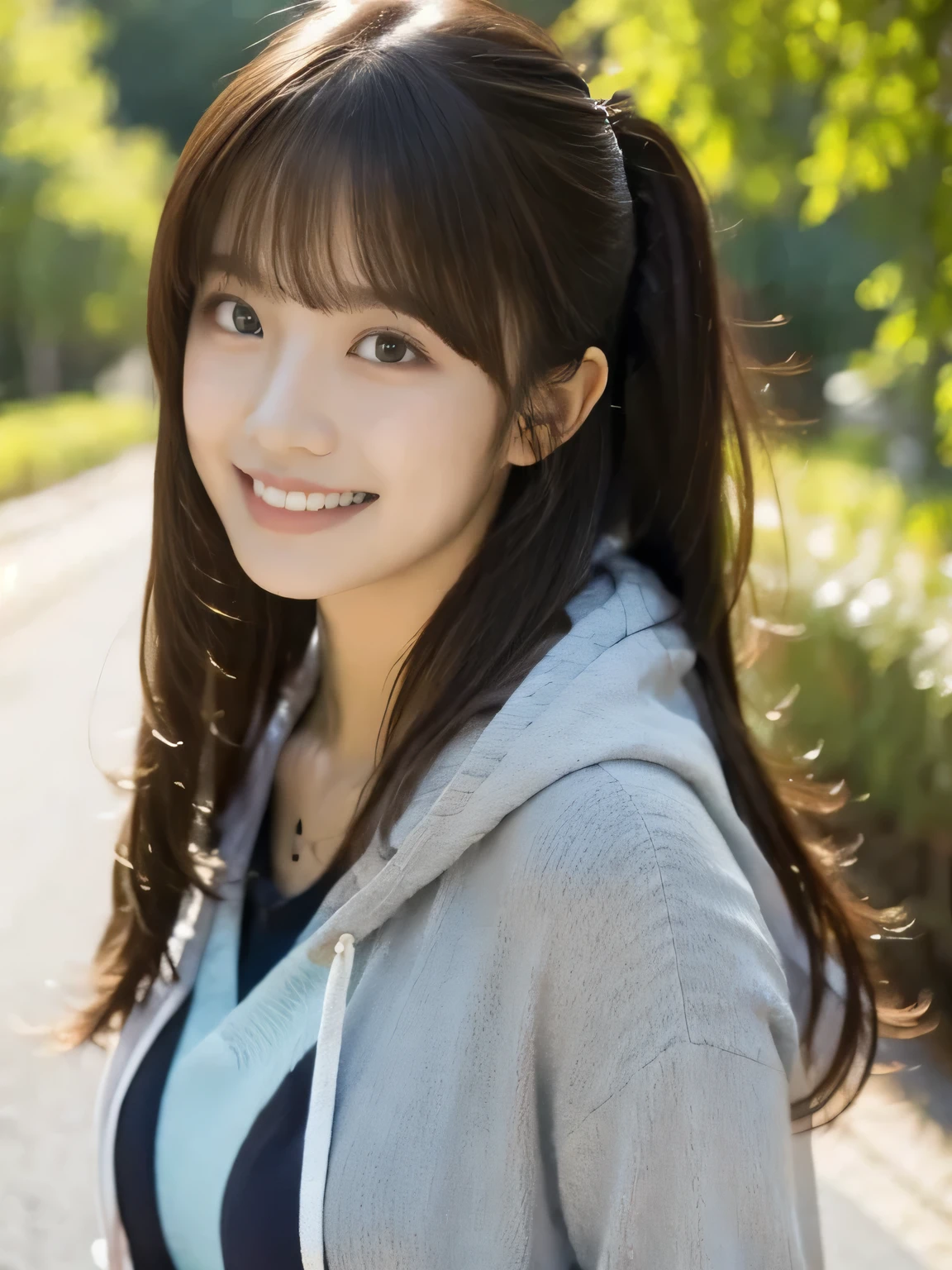 One girl happy with nature in the background, long hair, high resolution, looks, wearing a hoodie 、 multiview, anatomically correct, best quality , Details , 高い Details , High Definition Model , bangs, 目の間のbangs, Reality,