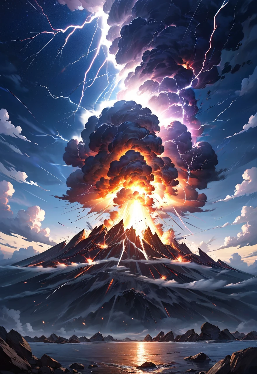 Overlooking a suspended island erupting from a volcano，Turbulent red waves，Red Sea，Golden glowing crystal，Magma erosion，Thundercloud lightning，Dark clouds at night，Realistic game artwork，large scene，Wide-angle perspective