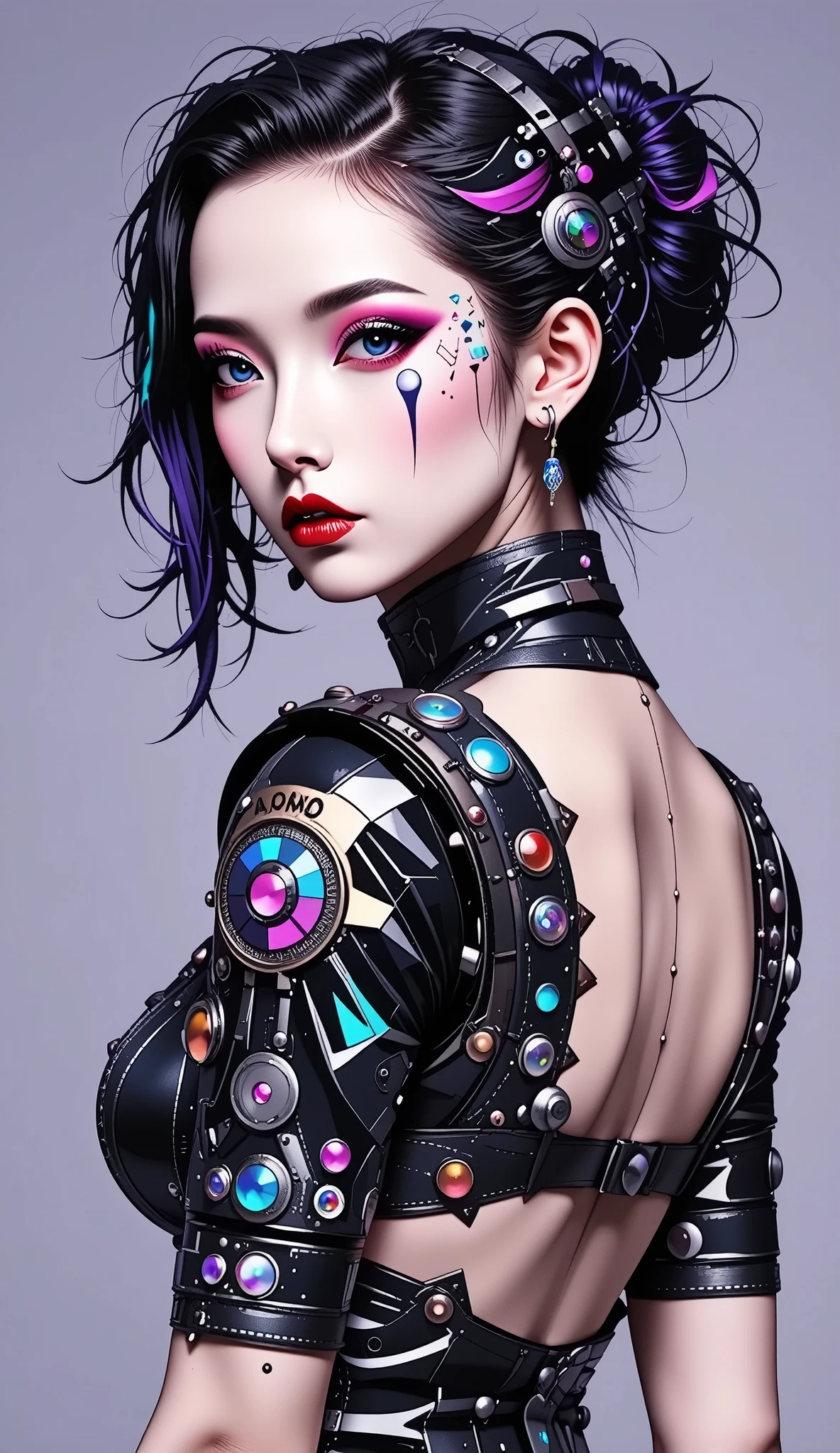 asian girl with big black eyes, very young, petite, ulzzang, portrait, (anime), manga, sexy, Latex, 8ｋ,Highest quality,masterpiece, Sharp focus, tight round ass, from behind, standing, thigh highs, slender legs, young japanese girl, cleavage, ((((80’s glam rock makeup on shiny android face)))), anime, moody lighting, (((purples, pinks, and blues))), ((iridescent face)), abstract ai model, pretty, sexy, minimal, sleek, slender, asian, elegant, chic, futuristic,
