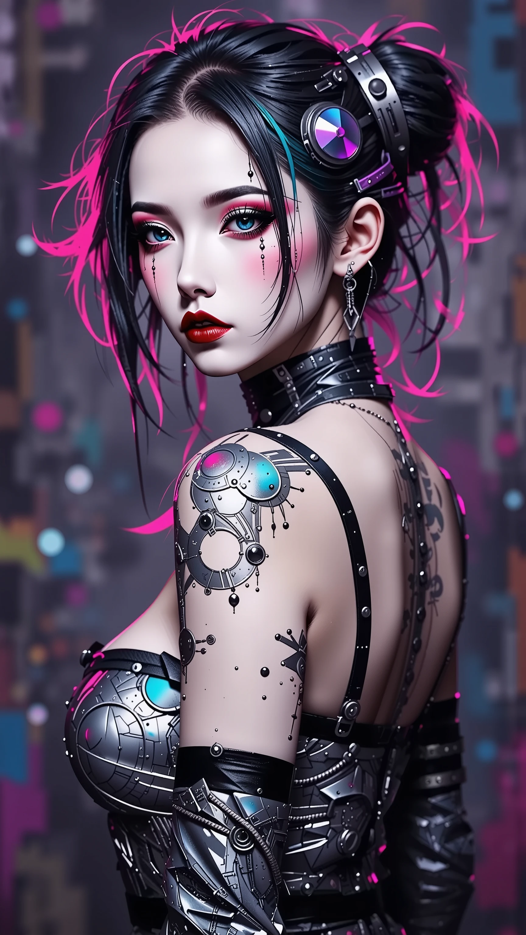 (masterpiece, top quality, best quality, official art, beautiful, cosmic, atmospheric, psychedelic, dreamlike and aesthetic:1.2), (1girl, neon punk rock mohawk hair, tons of tattoos and piercings, accentuated super huge enormously gigantic , cleavage showing, full body portrait), extreme detailed,(fractal art, camera view from behind:1.3),colorful,highest detailed, cherry blossoms and butterflies blowing in the wind 