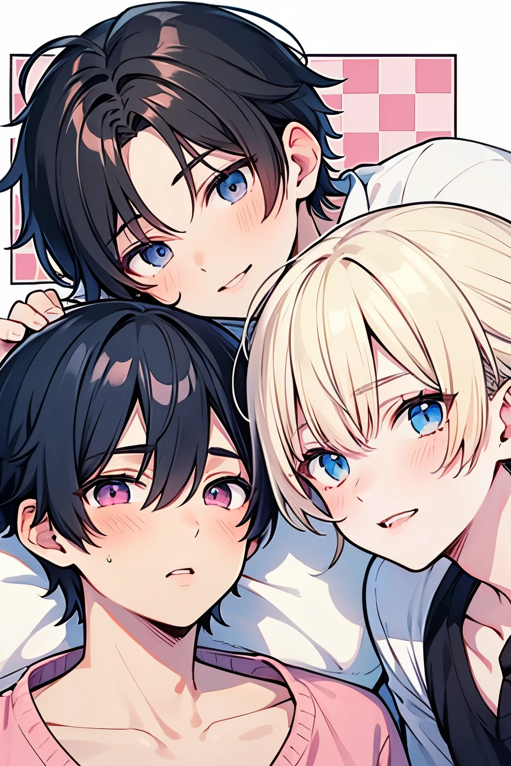 Blonde, black hair, for men, medium hair with visible tattoos ,blue eyes , pink eyes,Beautiful Boy, skinny,lips, tell a lie, Multiple Boys, 2 boys, , Yaoi, Checkered background,close up Face,((IN the bed:0.8))
