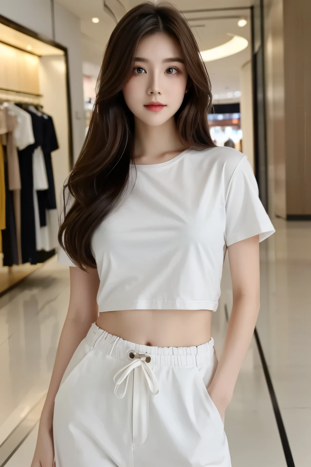 ((Masterpiece, high resolution, ultra detailed, 8k, raw photo)), 1 girl, graceful, soft skin, perfect face, perfect eyes, brown hair, long hair, tight t-shirt and pants, pale skin, calm pose, in the mall shop