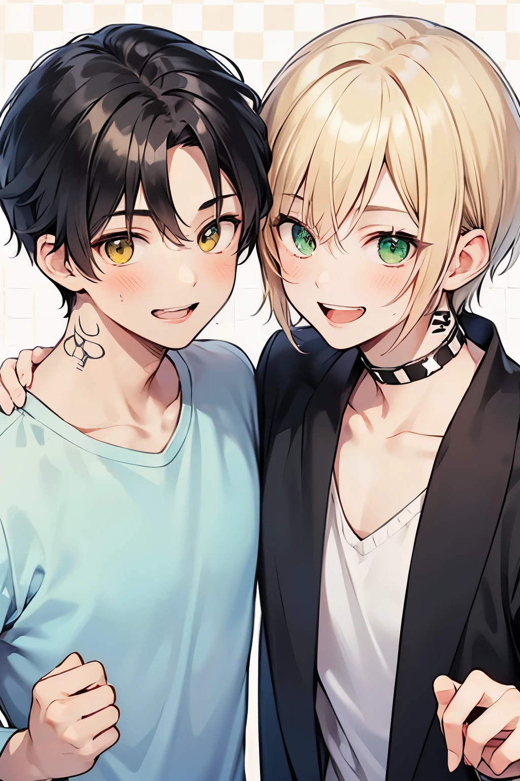 Blonde,  black hair,  for men,  medium hair with visible tattoos , yellow eyes , green eyes,Beautiful Boy, skinny,  Multiple Boys, 2 boys, , Yaoi, Checkered background,close up Face,Grinning face,(American taste:1.0),