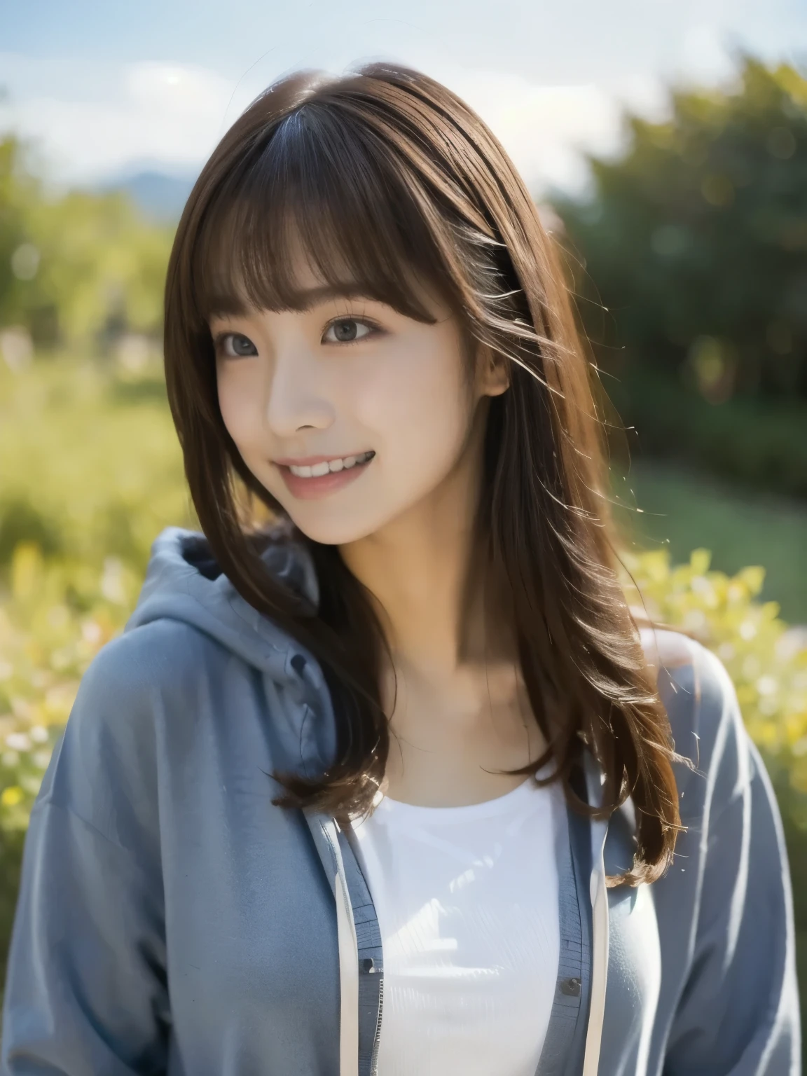 One girl happy with nature in the background, long hair, high resolution, looks, wearing a hoodie 、 multiview, anatomically correct, best quality , Details , 高い Details , High Definition Model , bangs, 目の間のbangs, Reality,