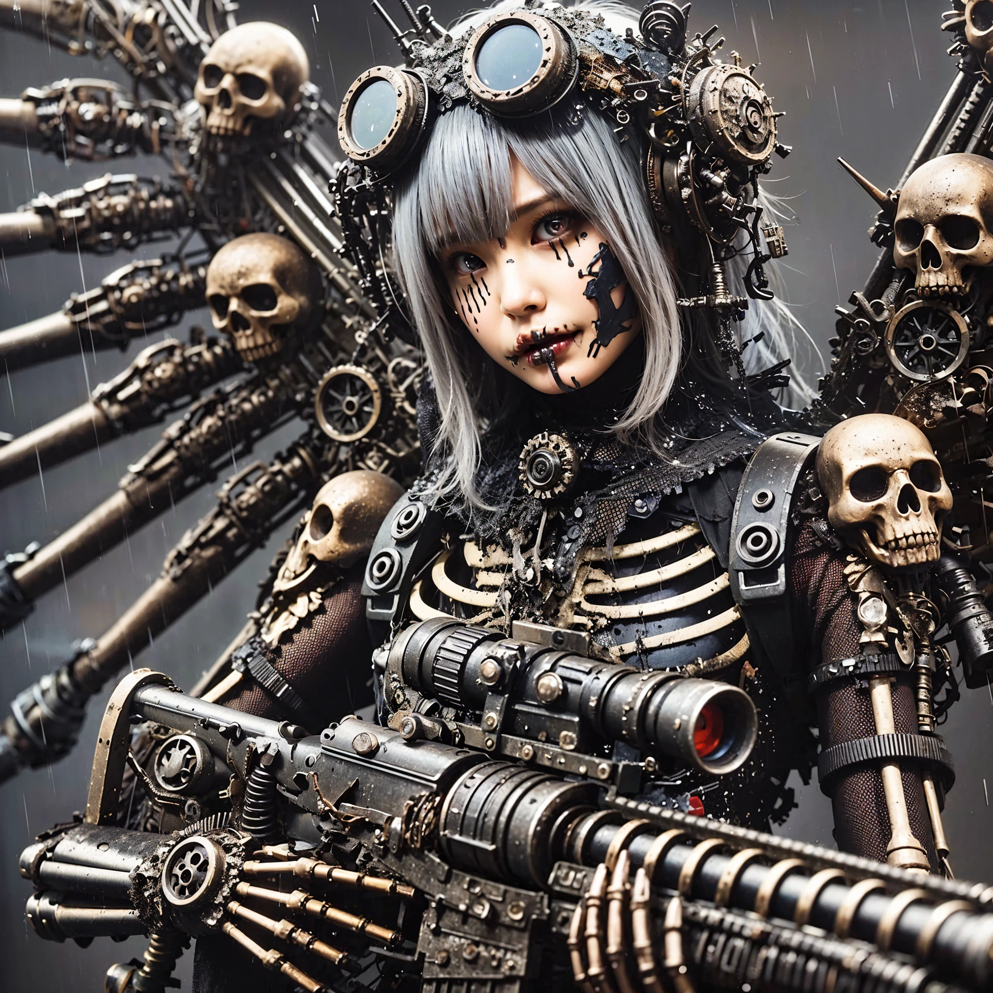 (Completely live action:1.37), (Amazingly realistic textures:1.37), (masterpiece, best quality:1.2), (8k uhd, 16k, 32k, ultra high res), amazingly realistic skin, amazingly realistic photo, superrealism, (photorealistic:1.37), (RAW photo), ultimately realistic, (ultimately realistic all details), (ultimately realistic all textures), super realistic lighting, super realistic shadow, (japanese girl:1.5), (realistic idol face), smiling, happy, super realistic face, ultimately realistic skin, ultimately realistic eyes, (mascara:1.35)ultimately realistic background, ultimately realistic detail up, (kkw-ph1:1.25), (GotouMaki:1.25), (Canon EOS R6, 85mm, 1/200s, f/5.6, ISO 1600), (tattoo), (mechanical armor:1.37), (blue eyes:1.2), (silver hair:1.3),