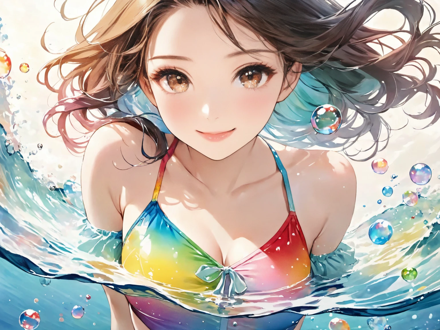 masterpiece,realistic, <lora:silence suzuka-000009:0.7>,1girl,silence suzuka (umamusume),silence suzuka(Swimsuit),horse girl,horse ears,horse tail,orange hair,green eyes,hair flower,hair_bun,crown_braid,sidelocks,necklace,swimsuit,aqua_bikini,bracelet,armlet,sarong,midriff,sandals,anklet,jewelry,solo,ocean,underwater, fish, coral,air bubble,