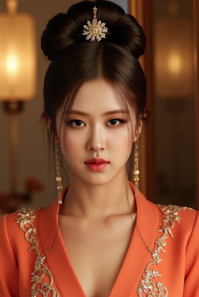 (Boa Hancock from Onepiece), realistic, ((large breasts)),busty,beautiful face,full body, pale skin, 25 years old, earrings, cleavage, yellow epaulettes, white cape, red crop top, red long sleeves, side slit, ((hime cut)), no bangs